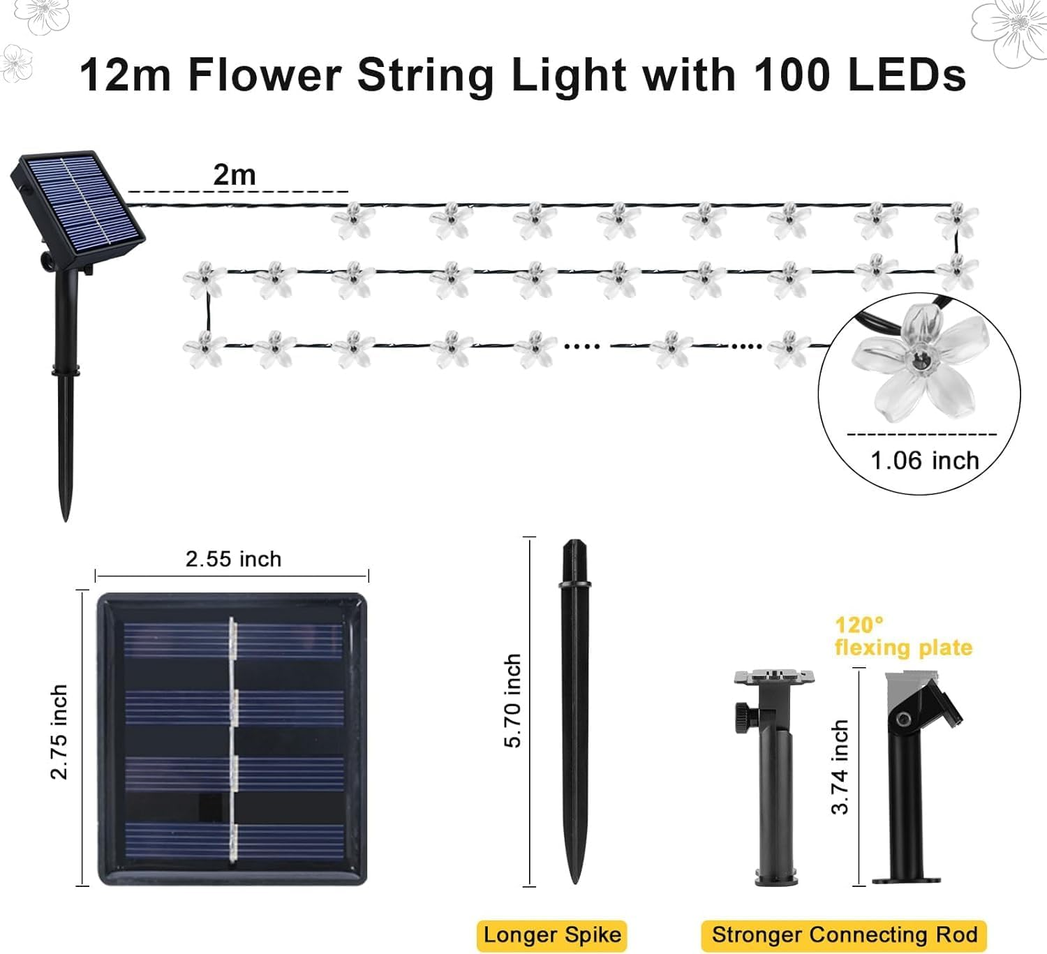 Solar Flower String Lights Outdoor, 12M/39Ft 100 LED Waterproof Cherry Blossom Fairy Lights, 8 Modes Sakura Flower Lights for Garden Christmas Party Decorations(Multi-Colour) image number 5