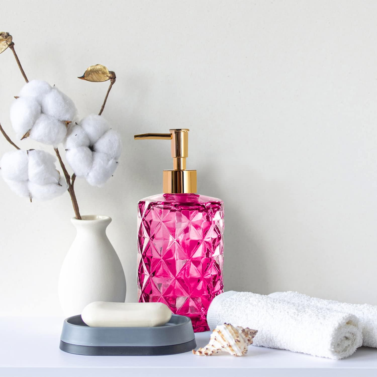 Glass Soap Dispenser,Crystal Refillable Wash Hand Liquid Clear Glass Bottle with Pump for Essential Oils, Lotions, Liquid Soaps,Dish Detergent(12 OZ Rose) - Blue,Transparent image number 3