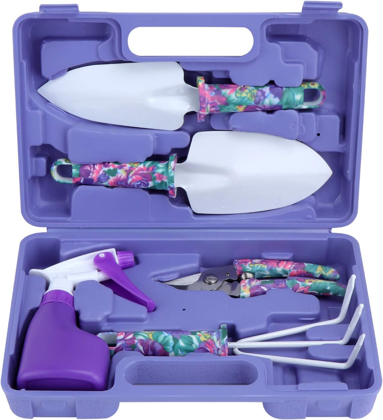 Coolty 5 Pieces Garden Tools Set, Ergonomic Handle Gardening Work Set with Purple Floral Print, Gardening and Planting Kit with Storage Case for Gardening Lovers image number 4