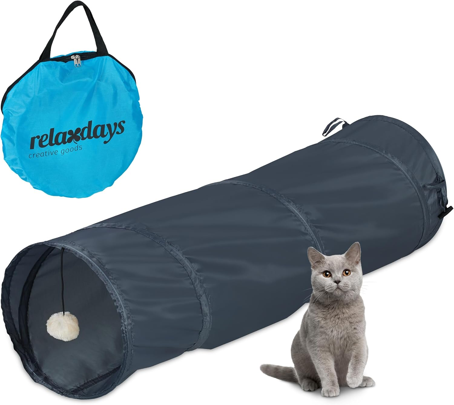 Relaxdays Cat Tunnel Foldable Cat Tube with Toy, Interactive Cat Play Tunnel, W X D: Approx. 88 X 25 Cm, Blue