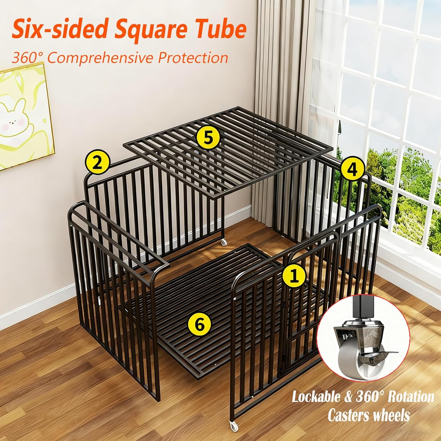Dog Crate with Removable Tray, Large Dog Cage with Wheels, Double Door Kennel Black 110 * 75 * 95Cm image number 3