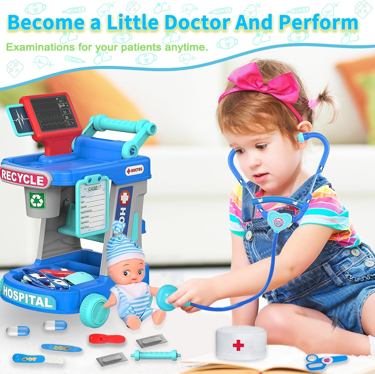 Doctor Play Sets for Kids with Medical Rolling Cart,Doctor Costume Stethoscope and Doll,Role Play Medical Toy for Kids Aged 3 4 5 image number 6