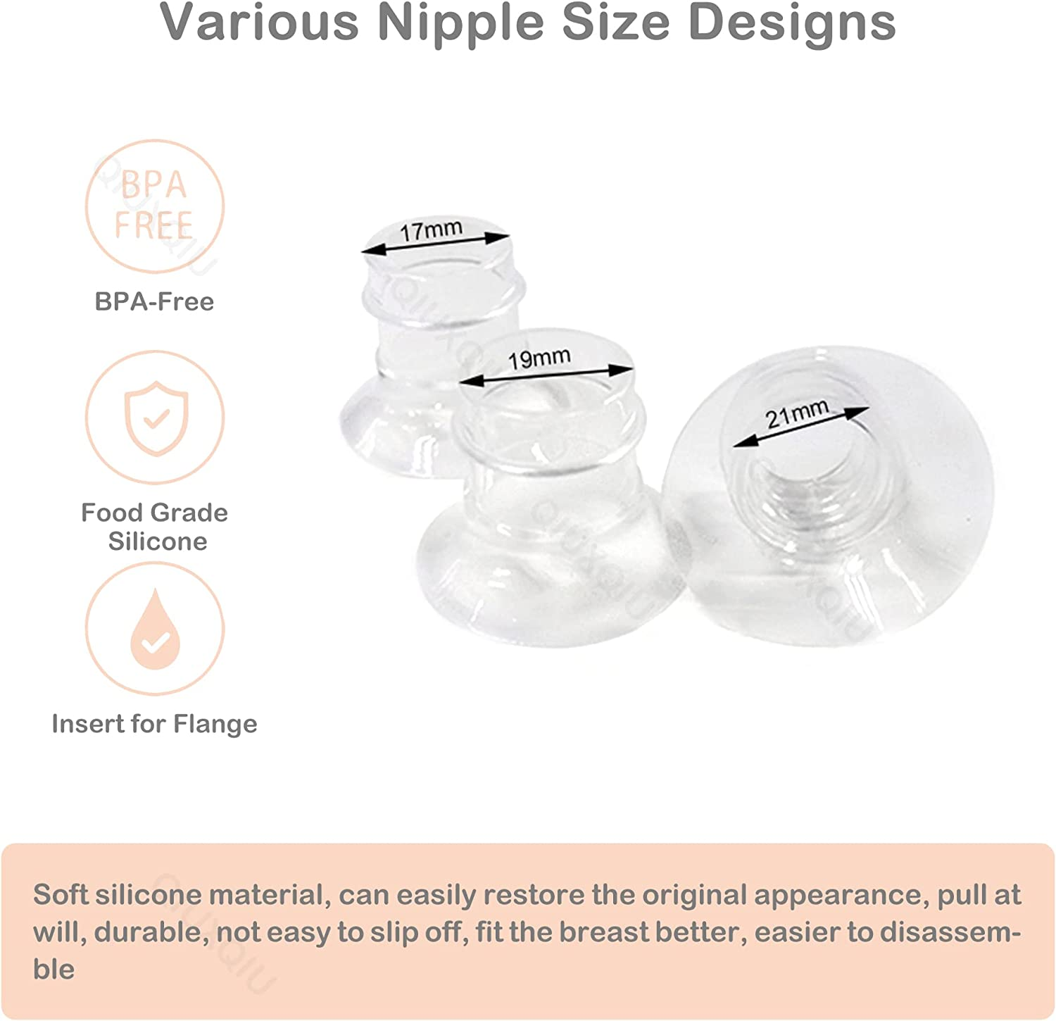 QIUXQIU Wearable Breast Pump Accessories Bpa-Free Replacement Parts Flange Inserts 17+19+21Mm Set for QIUXQIU 24Mm Breast Pump S9/S10/S12 Parts Replace image number 5