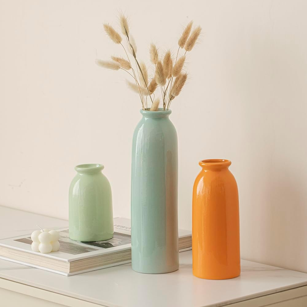 10.4 Inches Tall Decorative Ceramic Vase Set, 3 Pieces, Nordic Modern Boho Style, White, for Home Decor (Colorful) - Black Mix image number 7