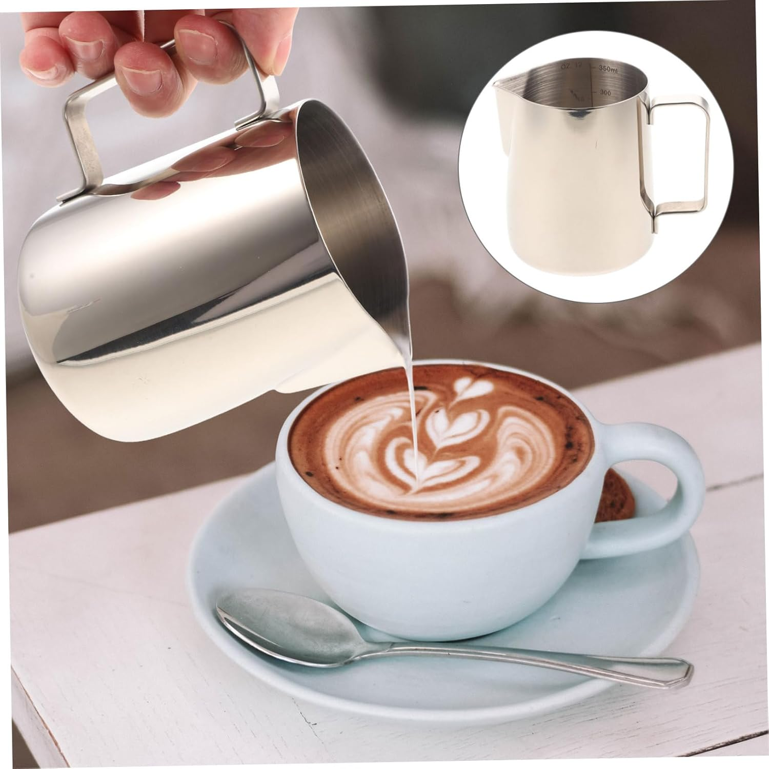 SECFOU Stainless Steel Handheld Milk Frothing Pitcher with Scale Convenient Kitchen Steaming Cup for Espresso Latte Cappuccino Art Comfortable Grip for Coffee and Milk Tea Lovers image number 2
