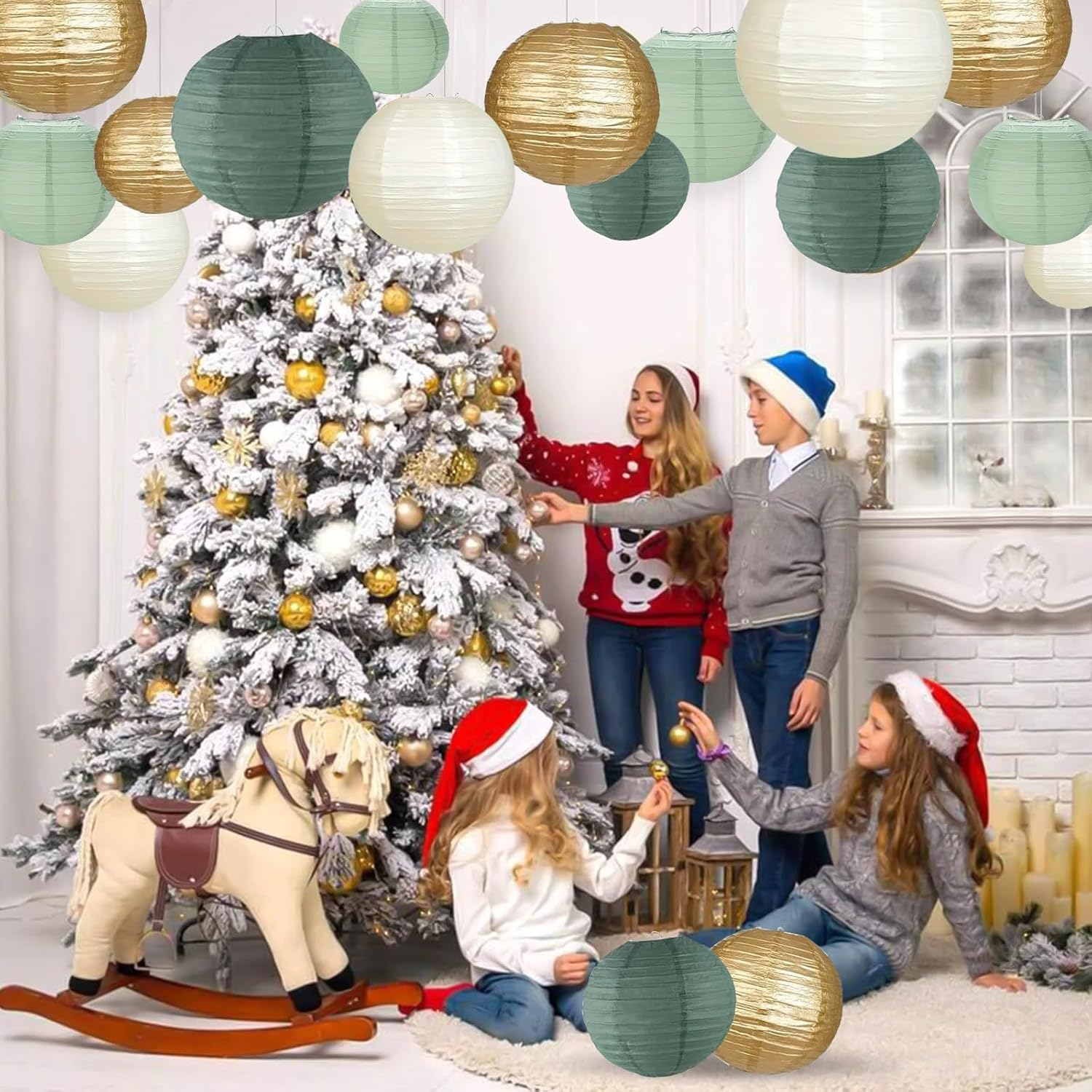 Pack of 15 Green Gold Paper Lanterns, round Hanging Paper Lanterns with Pennant and Fishing Line, Sage Green Lanterns for Bridal Wedding Decoration, Garden Party Decoration (Size: 25 Cm, 20 Cm, 15 Cm) image number 5