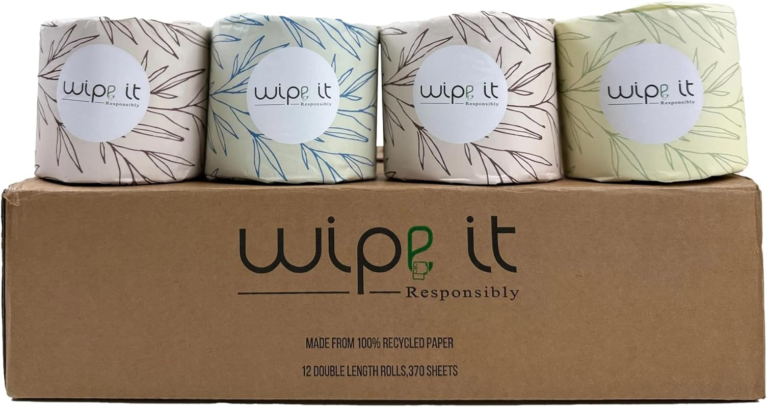 Toilet Paper Rolls | 100% Recycled 3-Ply Double Length | 12 Pack | 370 Sheets Each | Soft, Strong & Plastic-Free | Unscented Eco-Friendly Toilet Tissue