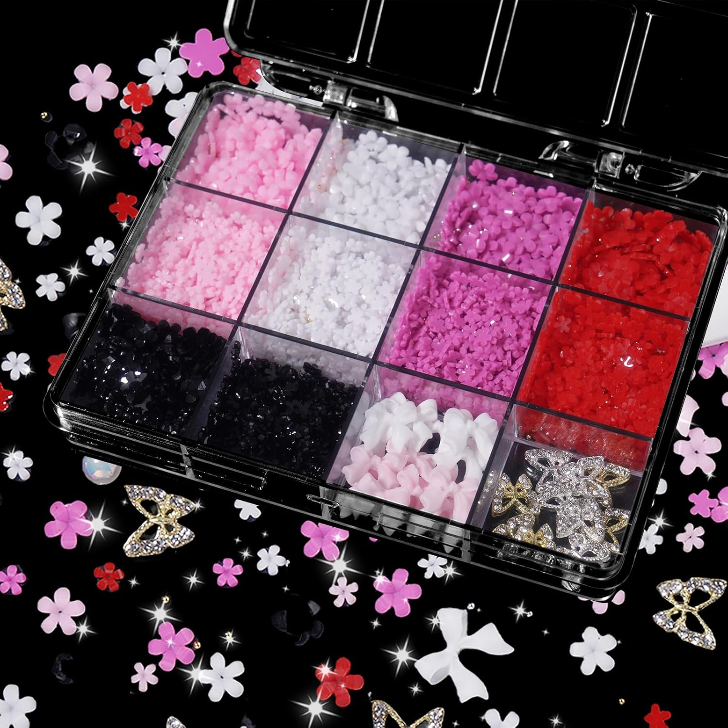 Tatiwoo Pink White Red Black Flowers Nail Charms Bow Tiny Blossom Flowers Acrylic Nail Charms Butterfly Nail Gems Charms for Manicure DIY Crafts Jewel Accessories, Small