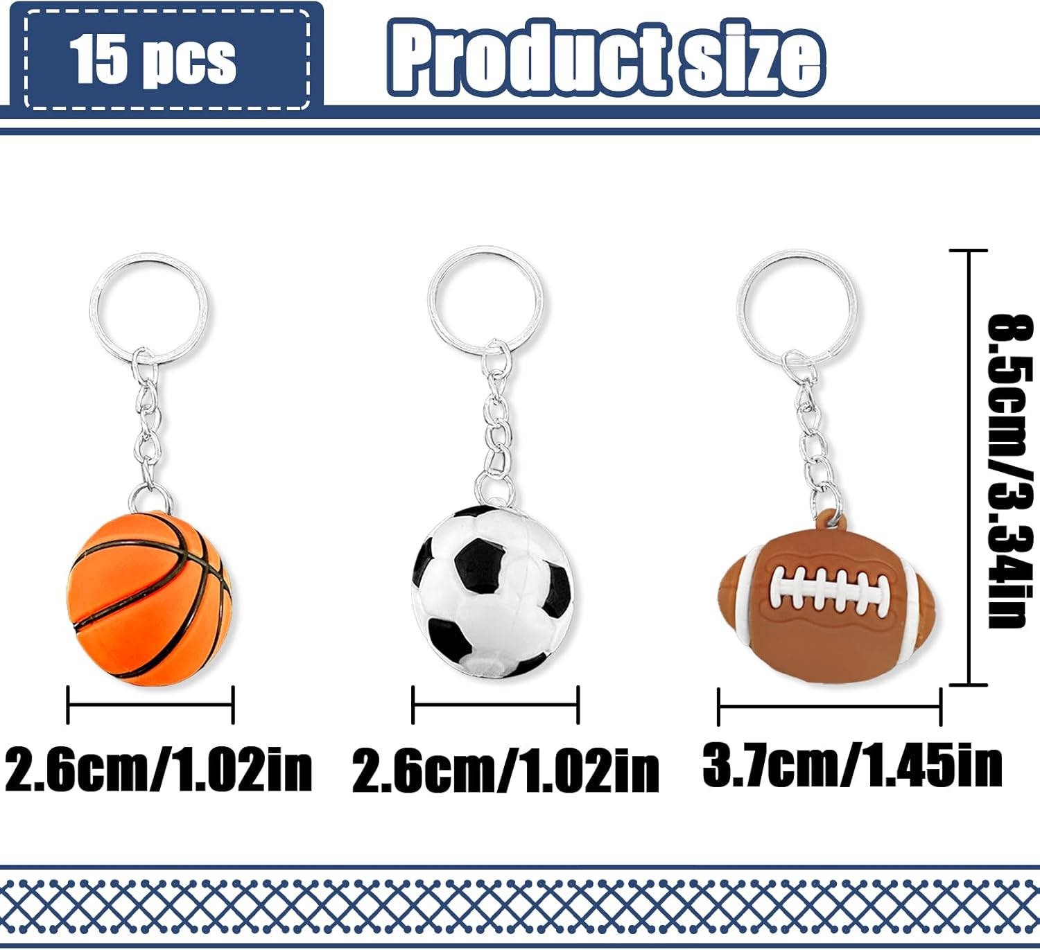 NILLOS Ball Keyring Set, 15 PCS Sport Theme Keychains for Party Favors, Carnival Prizes (3 Styles) image number 5