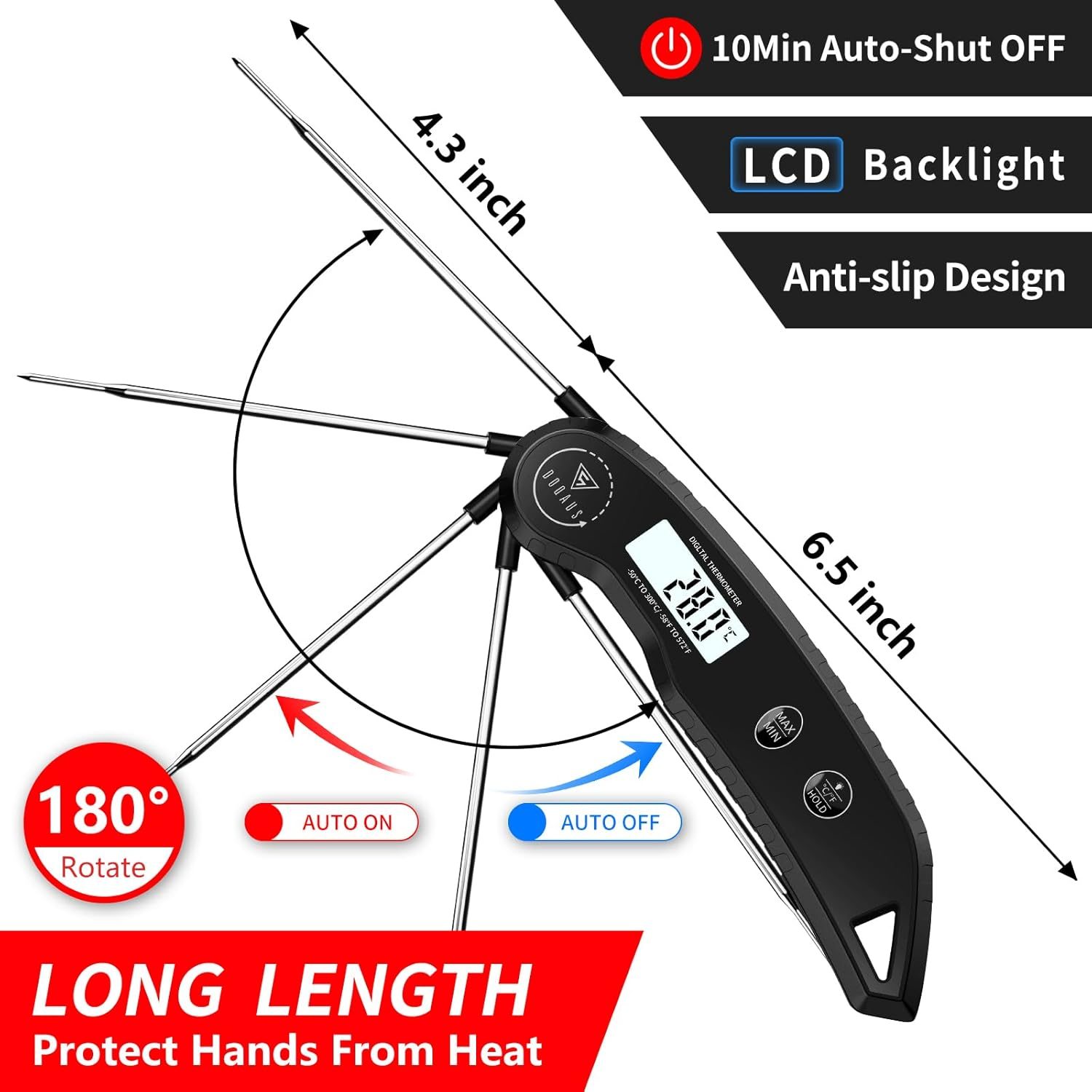 DOQAUS Meat Thermometers, 3S Instant Read Food Thermometer with &plusmn;0.5℃ Precision, Backlit LCD, 12Cm Stainless Food Probe, Auto On/Off Meat Thermometer Probe for Cooking, Baking, BBQ, Water, Oil, Black