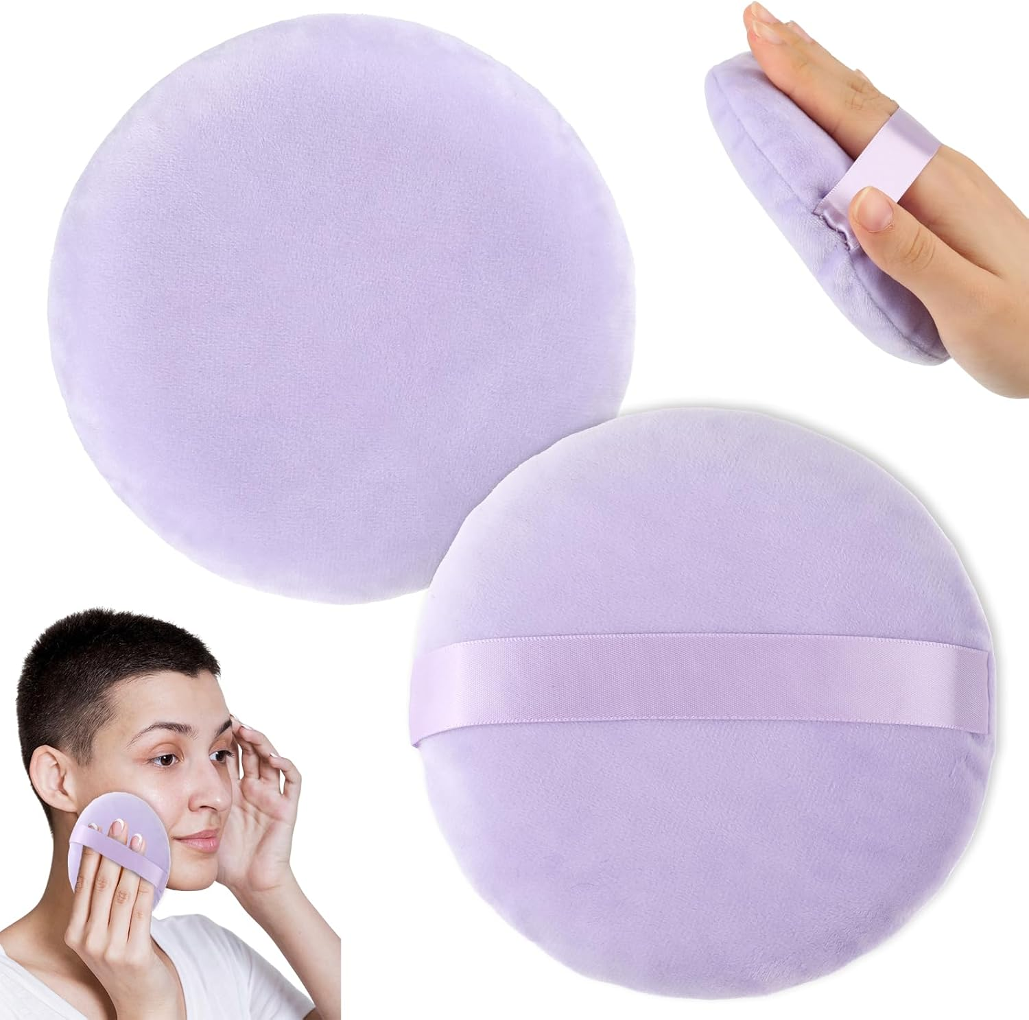 2Pcs Powder Puff, Makeup Sponges 5 Inch Cotton Super Soft Large Body Powder Puffs for Women Female for Face Cleaning Makeup Foundation Blending Gift for Girlfriend Wife（Light Purple） image number 4