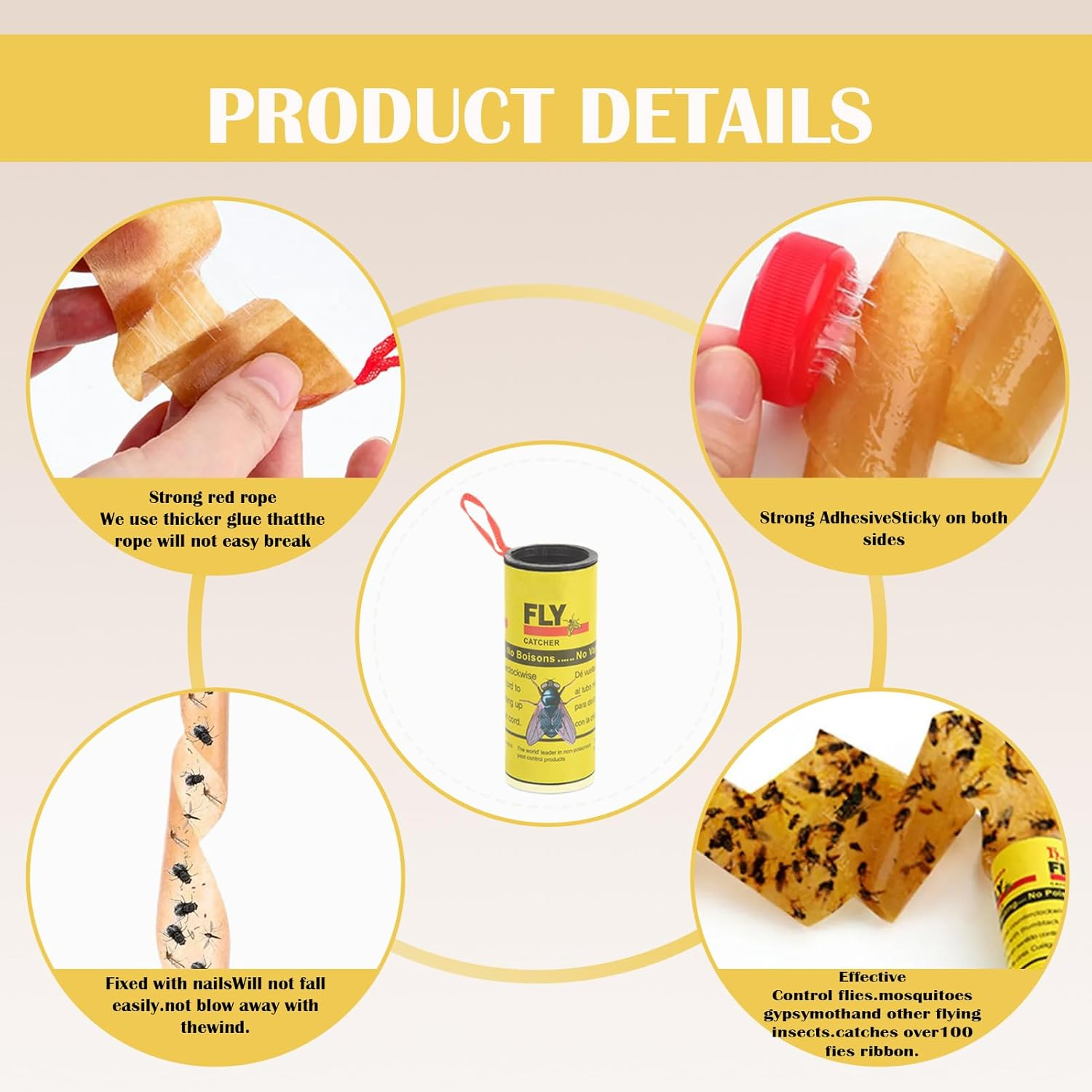 32 Pieces Fly Paper Rolls, Fly Trap Indoor, Pesticide Free Sticky Tape for Indoor and Outdoor Use, Fly Ribbons Traps Housefly Bait Catcher for Fruit Flies, Gnat, Insect, Pest, Mosquito image number 5