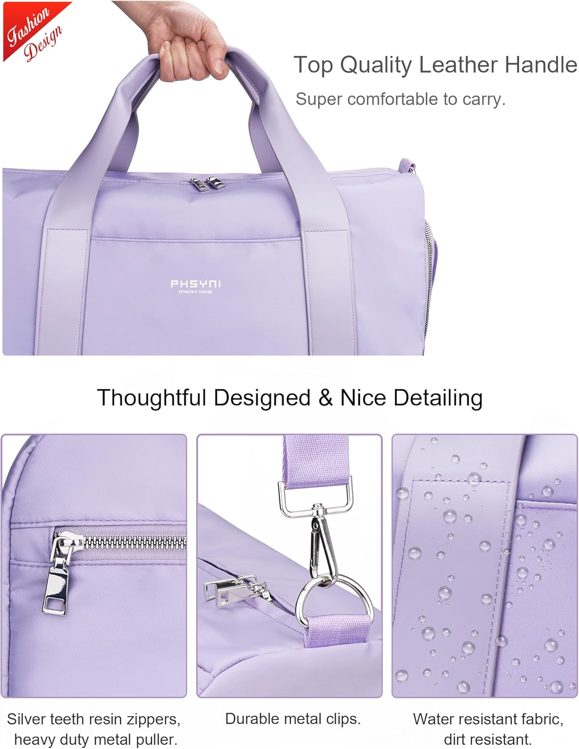 Gym Bag for Women,Pu Leather Handle,Dry Wet Separated with Shoe Compartment & Wet Pocket,Waterproof Duffle Bag for Travel Sports Fitness Workout Athletic (Purple, 19" Medium Size) image number 5