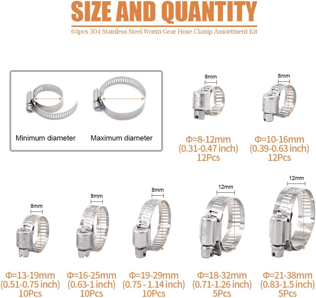 Keadic 64Pcs Adjustable [8 to 38Mm] Diameter Range Fuel Line Clips Worm Gear Hose Clamp Assortment Kit for Various Pipes Automotive Mechanical Use - 304 Stainless Steel image number 2