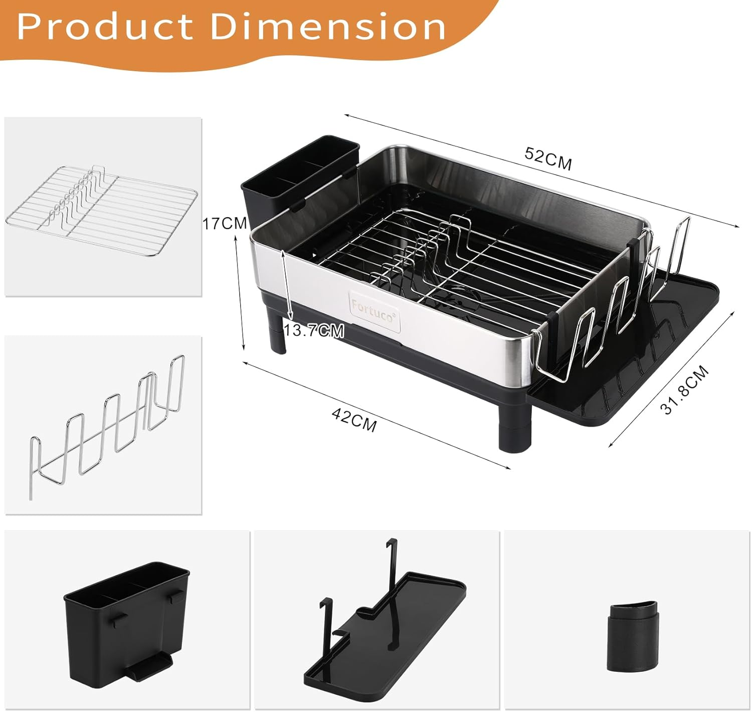 Fortuco&reg; Premium Dish Drying Rack &ndash; Stainless Steel Dish Rack for Kitchen &ndash; Space-Saving Kitchen Organiser & Drying Rack &ndash; Durable Accessories for Easy Dish Storage &ndash; Silver image number 6