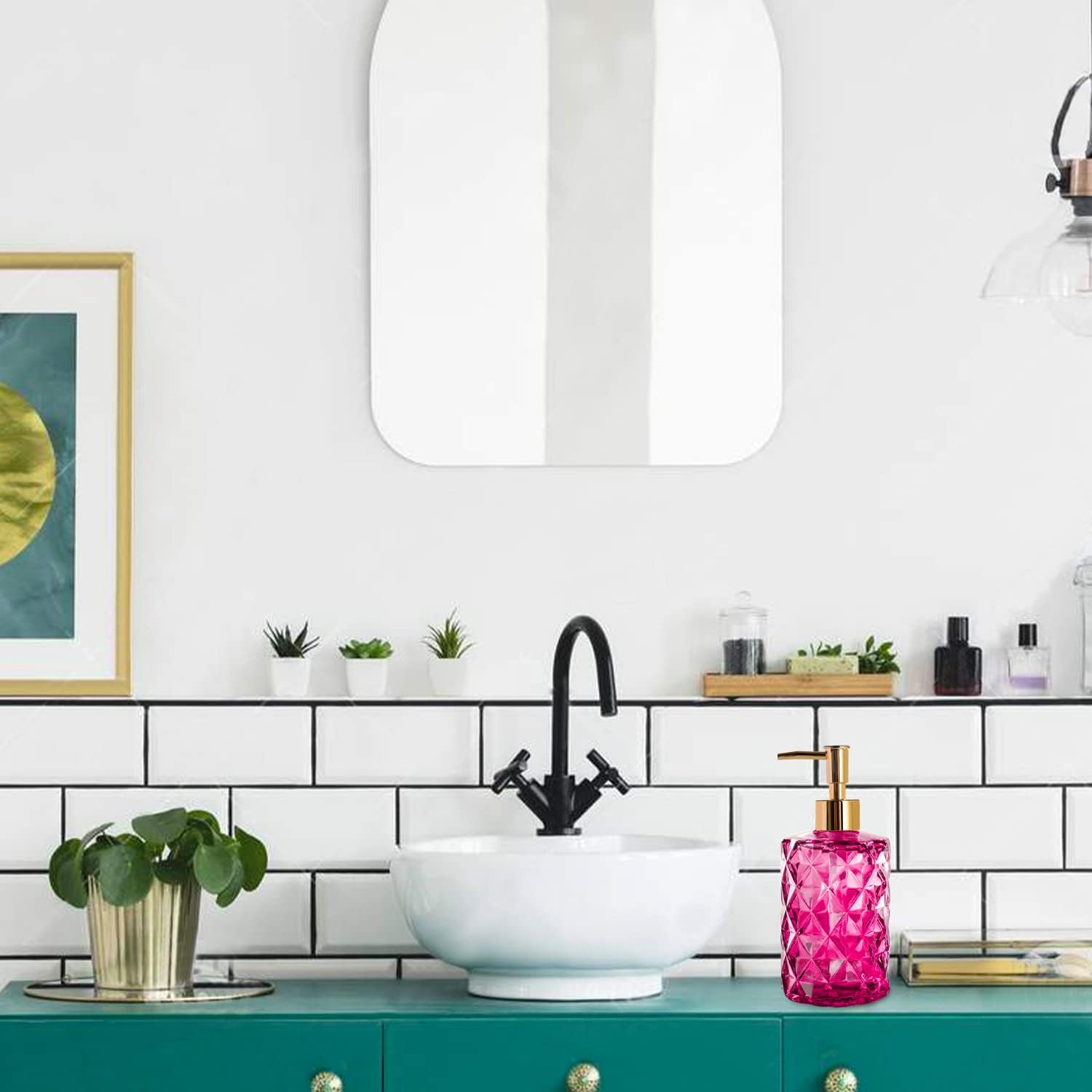 Glass Soap Dispenser,Crystal Refillable Wash Hand Liquid Clear Glass Bottle with Pump for Essential Oils, Lotions, Liquid Soaps,Dish Detergent(12 OZ Rose) - Blue,Transparent image number 2