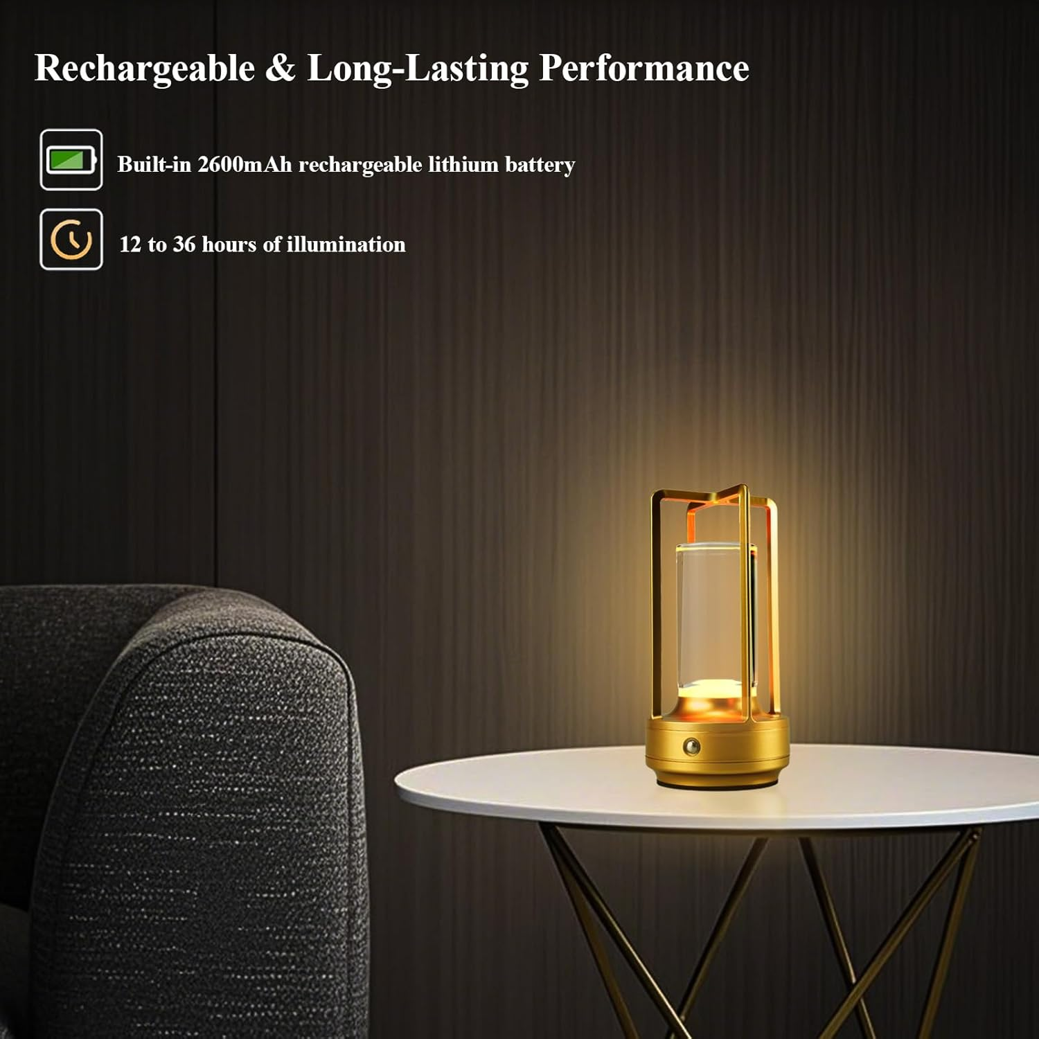 Small Table Lamp Rechargeable Table Lamp Cordless, 3 Color | Crystal | Stepless Dimming, for Dining Room, Living Room, Bar, Cafe, Restaurant, Patio, Camping (Gold) image number 2