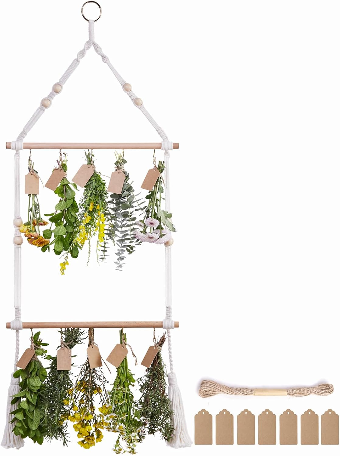 PROTITOUS 2Tier Herb Drying Rack Flower Drying with 25PCS Brown Gift Tags and 32Ft Natural Jute Twine Herb Dryer,Herb Drying Rack,Hanging Herb Dryer Rack, Ivory image number 6