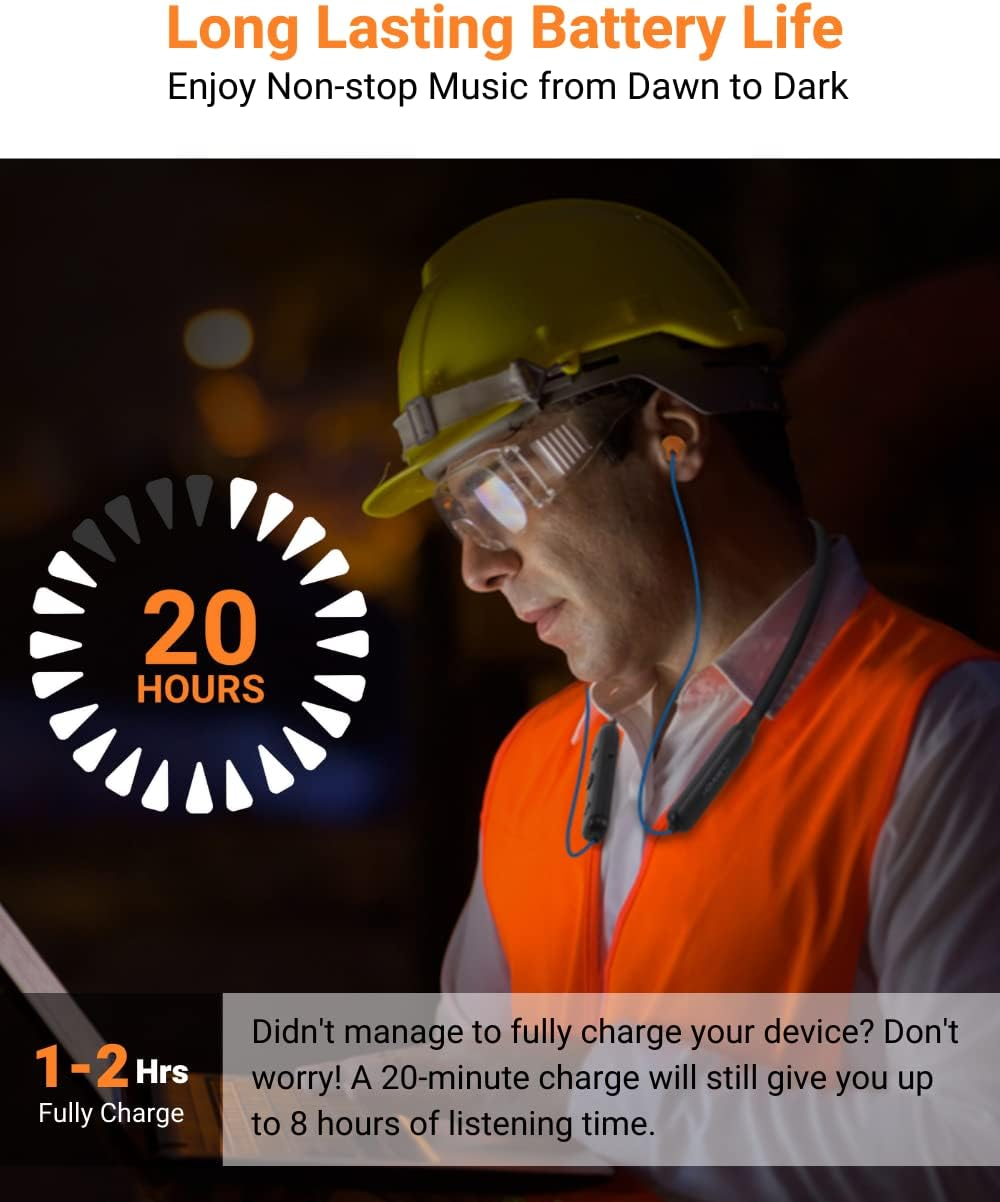 Homespot Noise Reduction Wireless Neckband Headphones with Qualcomm Aptx HD, 27Db NRR, CVC Noise Cancelling Mic & Controls and 20H Playtime for Work Safety OSHA Compliant image number 2