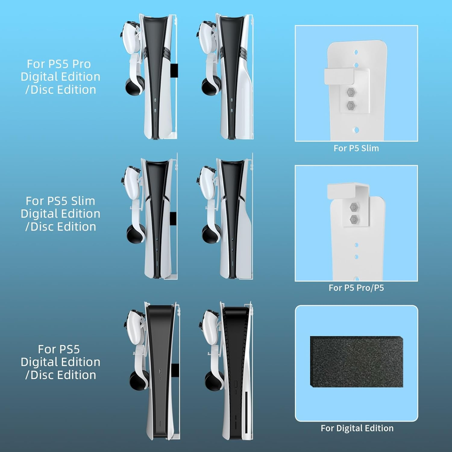 Wall Mount for PS5/ PS5 Slim/ PS5 Pro Console, Sturdy Steel Vertical Wall Mount Bracket Kit with Controller Holder & Headphone Storage Hanger for PS5 Slim Pro (White) - Black image number 5