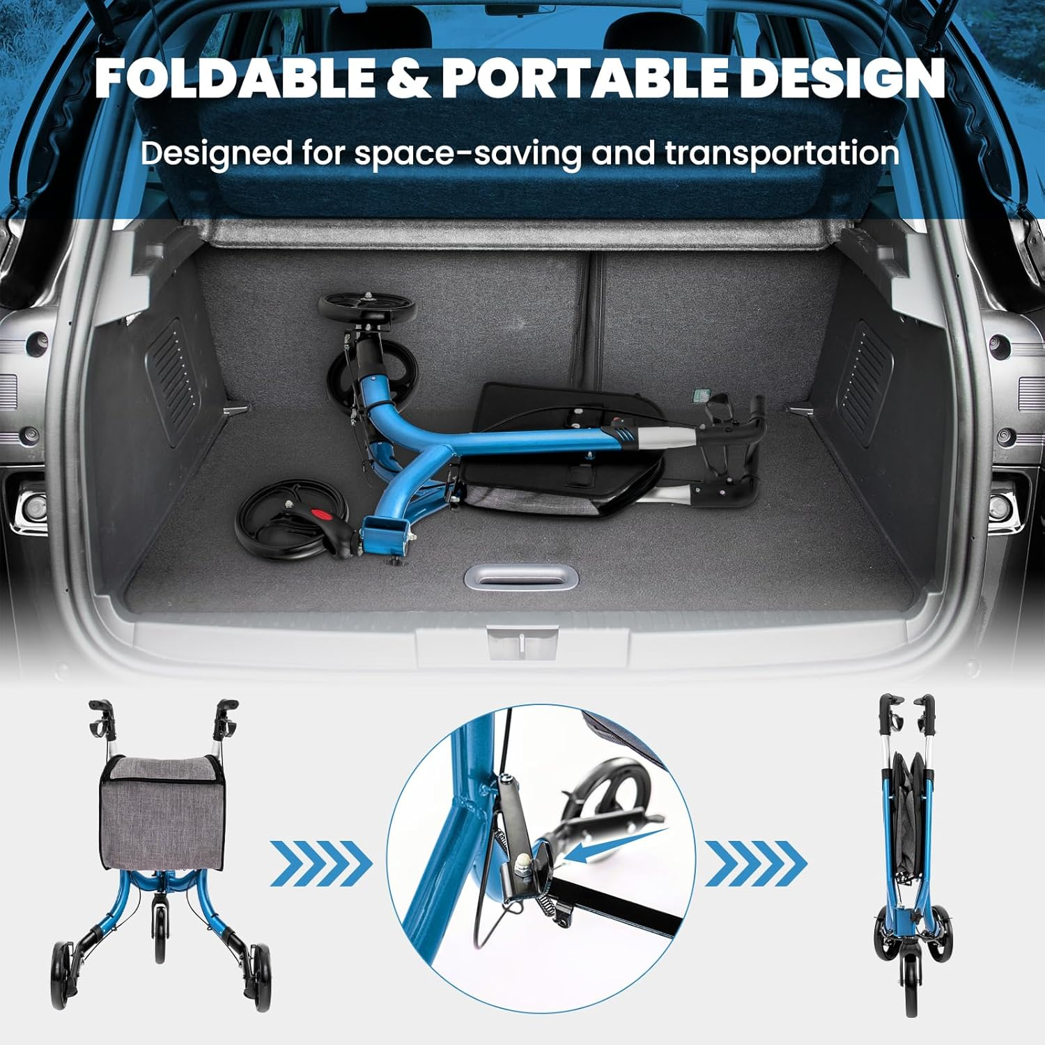 Costway 3 Wheel Rollator Walker, Folding Aluminum Rolling Walker W/Zippered Storage Bag, Safe Dual Brake System & 8" Wheels, Lightweight Medical Standard Rollator for Elderly Seniors (Blue) - Red image number 2