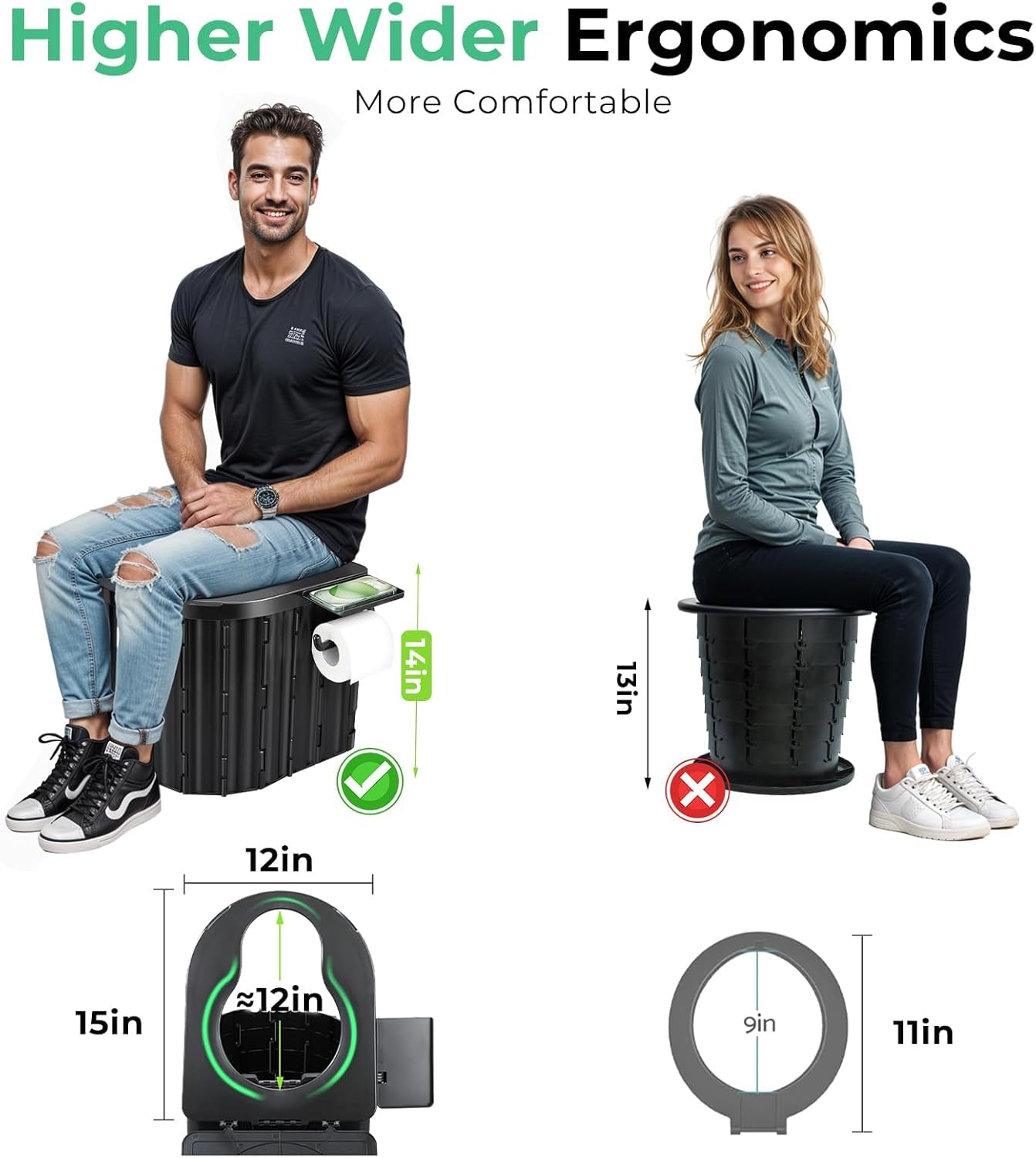 Portable Toilet for Adults, XL Portable Camping Toilet, Black Leather & Density Board, 16.5 Inch High, Floor Mounted, Multifunctional, Easy to Clean & Store image number 1