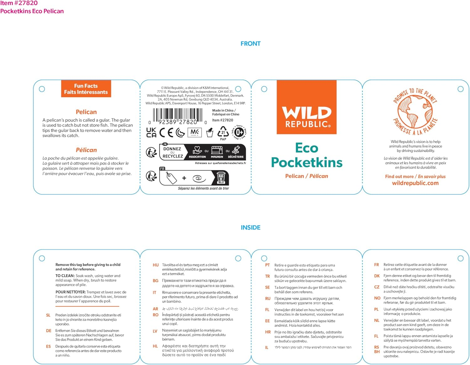 Wild Republic Pocketkins Eco Pelican, Stuffed Animal, 5 Inches, Plush Toy, Made from Recycled Materials, Eco Friendly image number 1