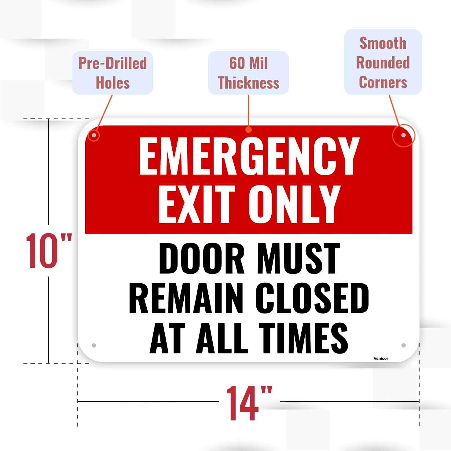 2PC Emergency Exit Only Sign, 14 X 10 Inches - Aluminum - Door Must Remain Closed at All Times image number 2