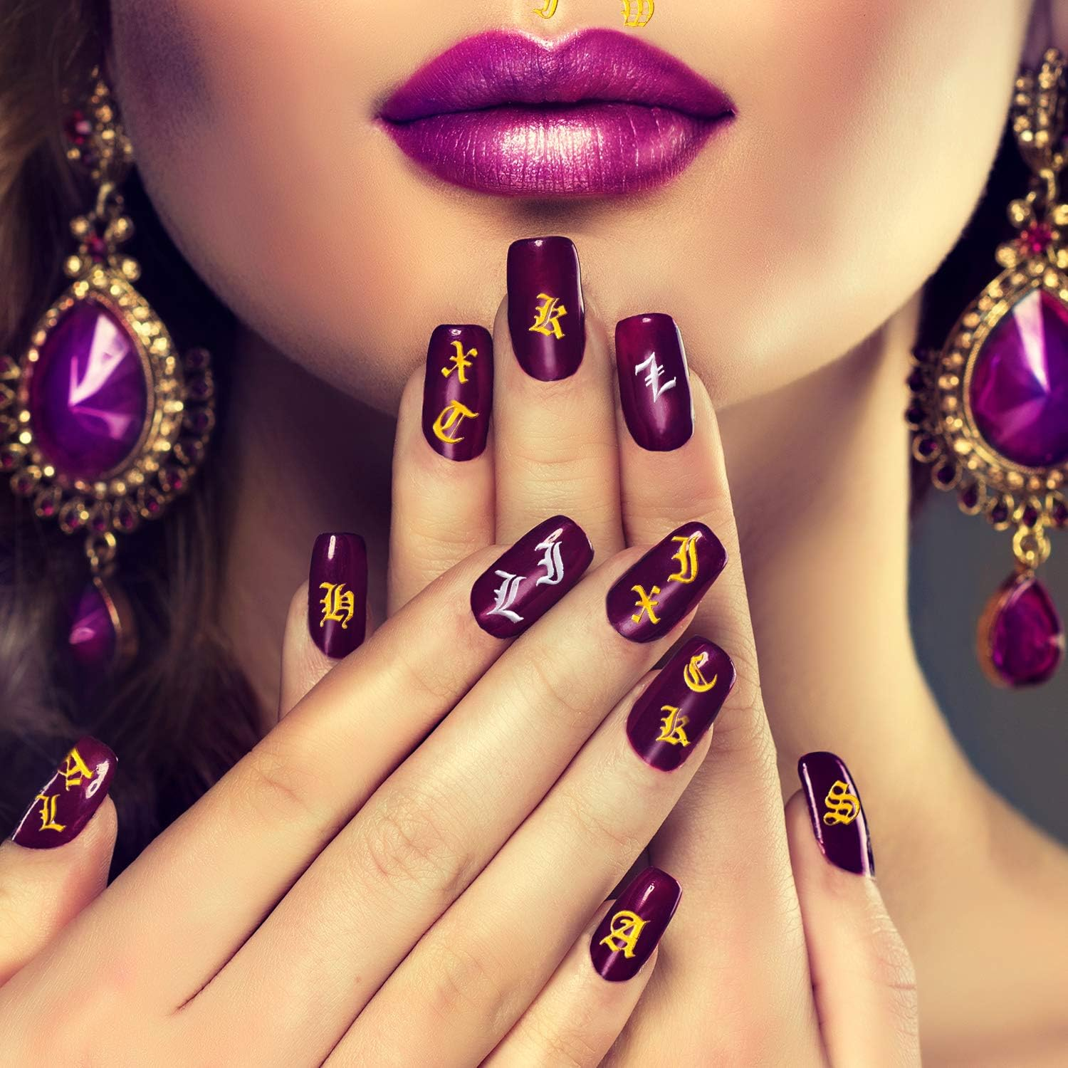 Maitys 24 Sheets Letters for Nails Old English Nail Stickers 3D Holographic Letter Self-Adhesive Gold Old English Alphabet Nail Decals for DIY Women(Classic Colors) image number 6