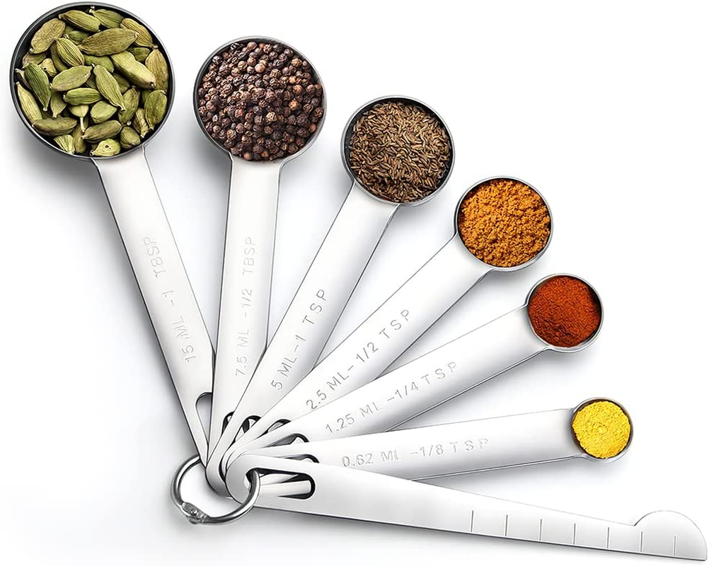 AOOSY Metal Measuring Spoon,Set of 7 Stainless Steel Measurement Spoon for Dry or Liquid,Fits in Spice Jar for Cooking and Baking,Including Leveler