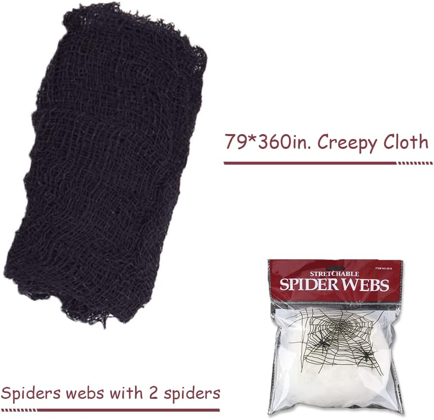 Letscheer Halloween Creepy Cloth Black 360 X 79 Inches Spooky Halloween Decorations Cheesecloth with Spider Web Party Supplies D&eacute;cor for Haunted House, Garden, Patio, Indoor Wall Hanger Windows