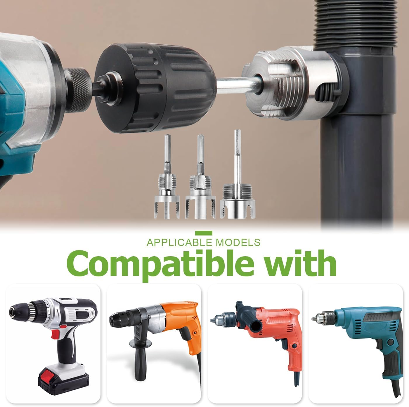 3 Pcs Pipe Thread Cutting Tool, Dual Function Integrated Internal & External Pipe Threading Tools Electric Drill Compatible PVC Plastic Pipe Threader Kit, 1/2" 3/4" 1" Pipe Size Rethreading image number 4