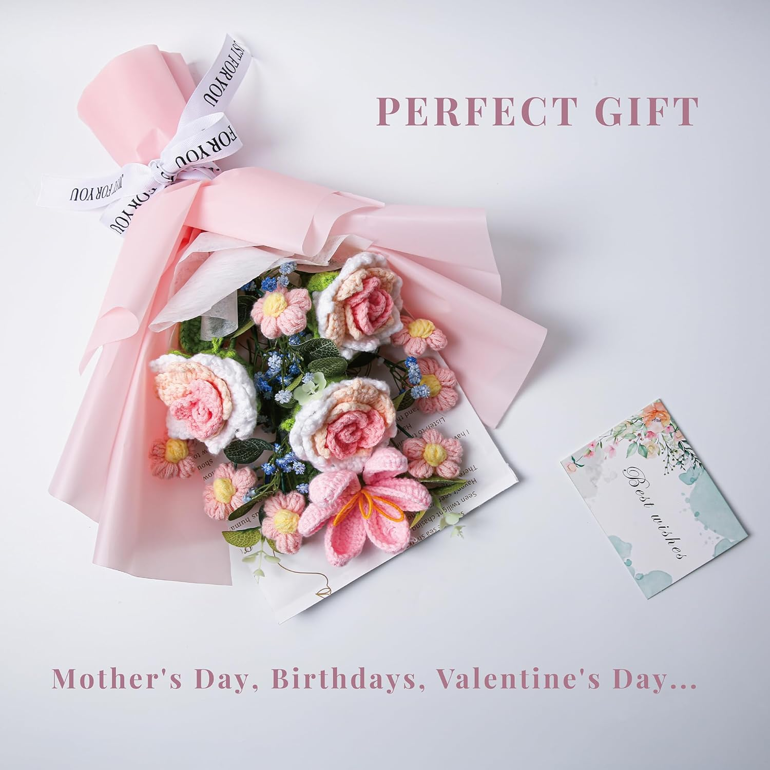 Ezsenses Crochet Flowers Bouquet - Hand Knitted Rose Crochet Flower Bouquet for Home Decor, Weddings, Birthdays, Mother'S Day - Includes Gift Bag and Greeting Card, Faux Crochet - Pink image number 5