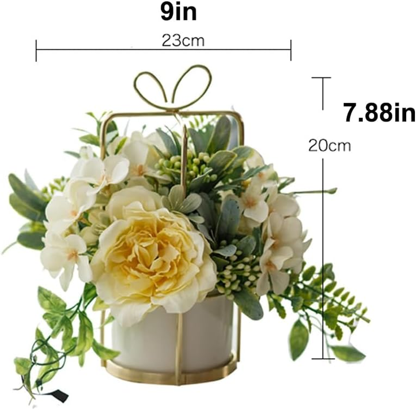 Hbluefat Fake Flowers in Vase, Fake Artificial Flowers with Ceramics Vase, Small Silk Floral Arrangement for Home Office, Coffee Dining Table Centerpiece Decor (Liya Yellow, Gold) image number 3