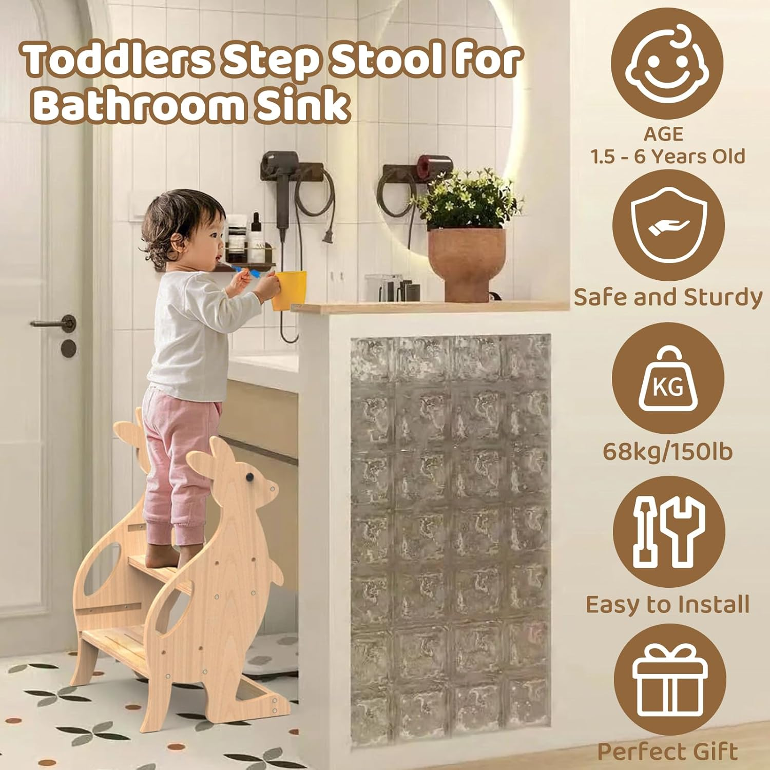 Wooden Kitchen Step Stool Helper for Bathroom Sink, Adjustable 2 in 1 Toddler Tower with Safety Rail and Anti-Slip Steps, Kids Learning Standing Tower for Counter, Toilet Potty Training (Natural)