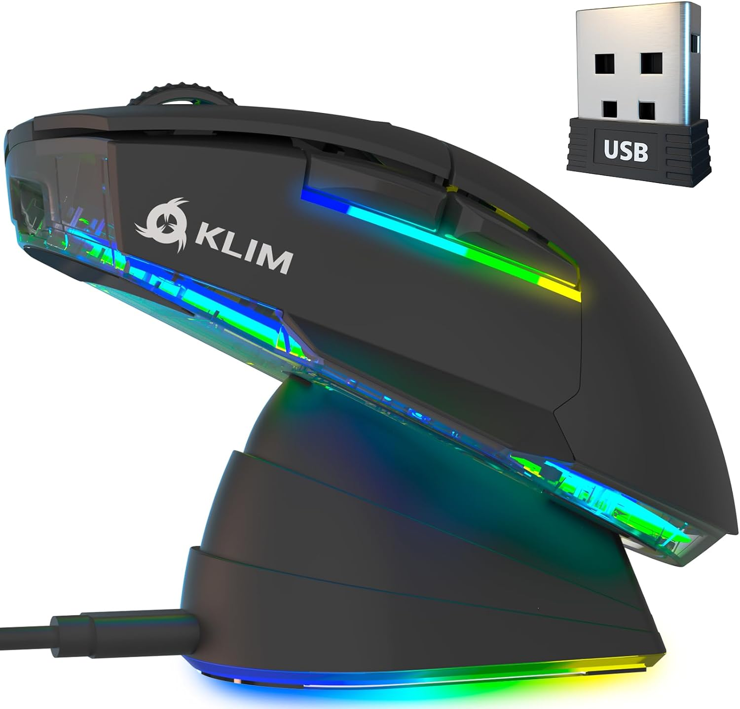 KLIM Blaze X RGB + New + Rechargeable Wireless Gaming Mouse with Charging Dock + Long-Lasting Battery + up to 12000 DPI + Wired & Wireless Mouse PC, PS5, PS4, Mac + Black - White image number 2