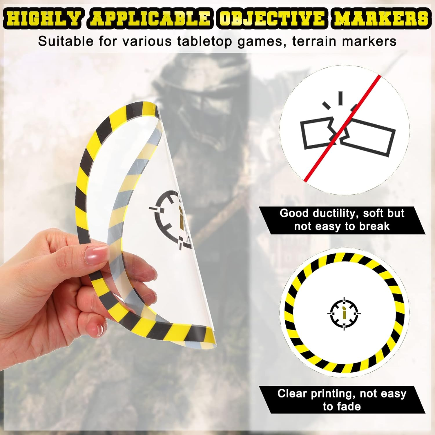 Libima 6 Pcs Objective Point Markers PVC round Objective Marker Black and Yellow Gaming Accessory, Miniature Not Included