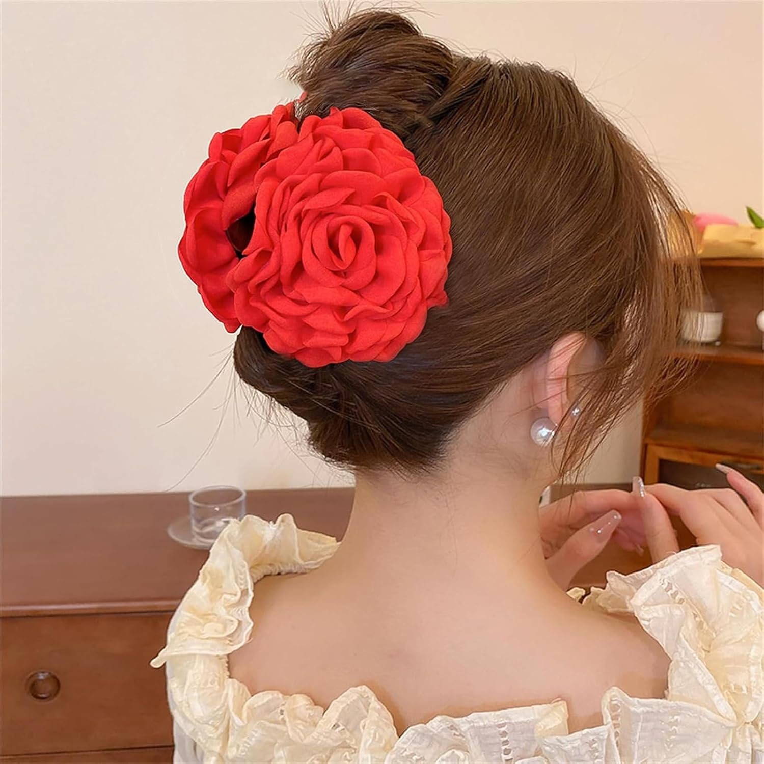 ASOMI 2 Pack Large Hair Clips with Hawaiian Roses Floral Hair Clips for Women and Girls, Thin Hair, Blooming Rose Claw Clips, Non-Slip (Rose Red, Red) image number 5