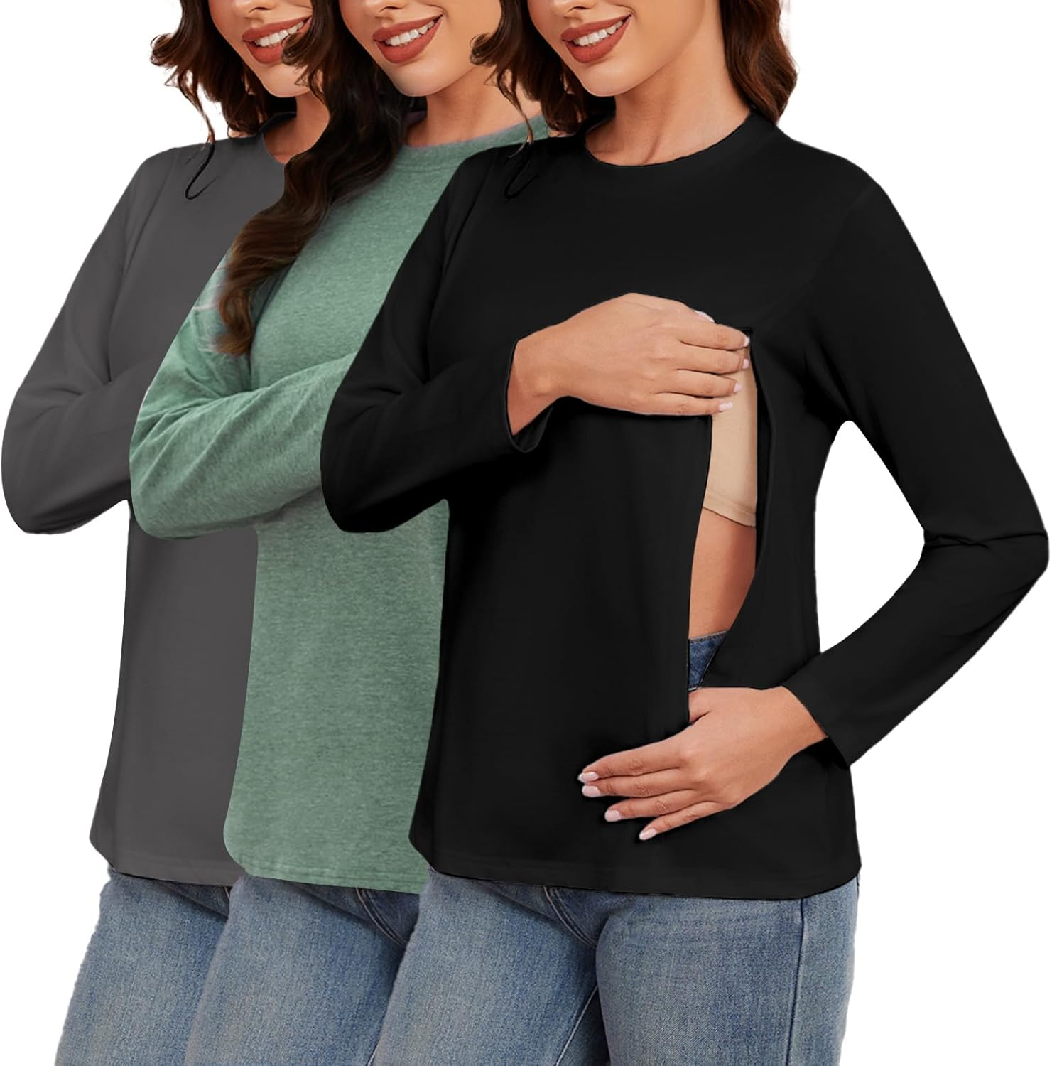 Love2Mi Pack of 3 Women'S Long-Sleeved Nursing Shirt with Hidden Zip Maternity Shirt Maternity Wear