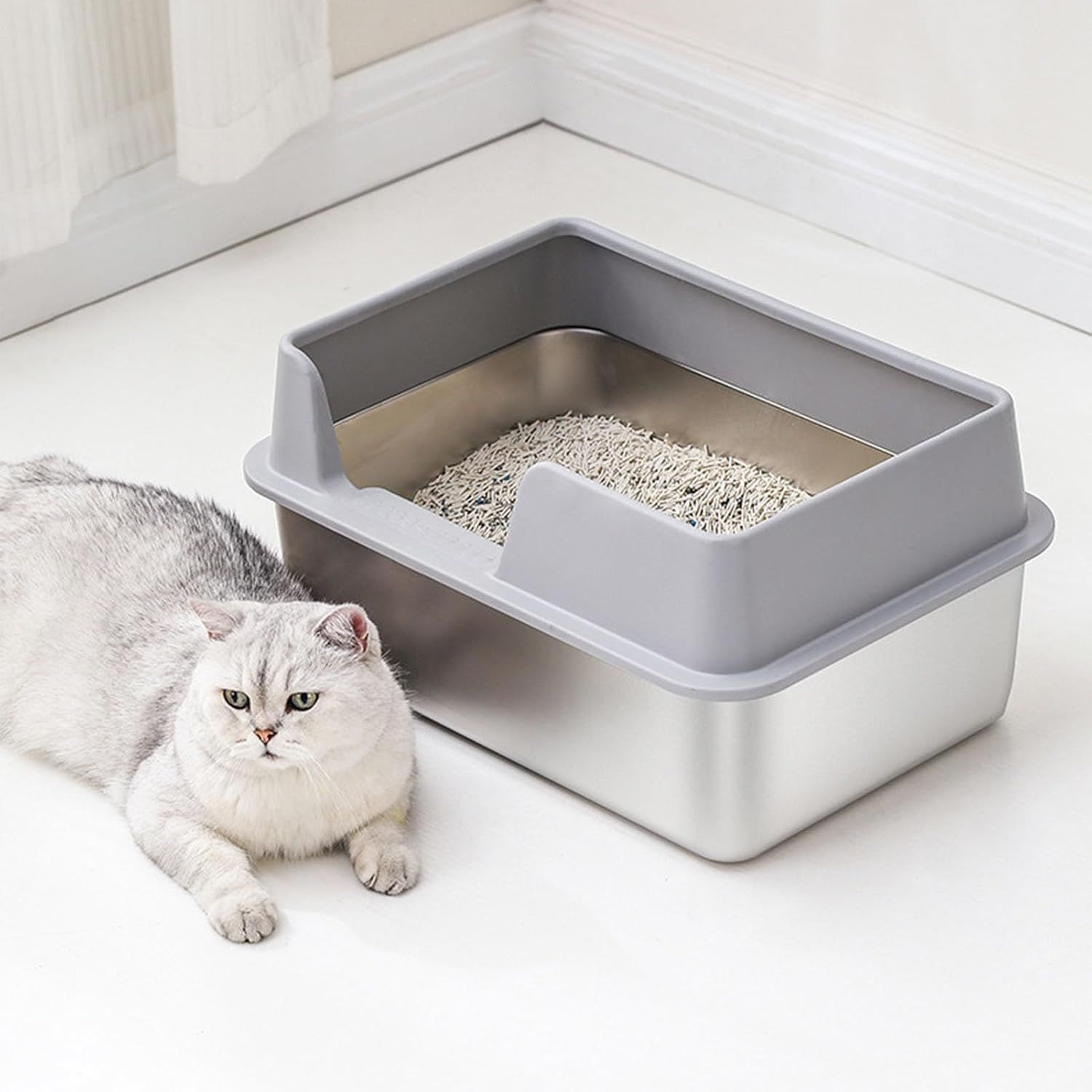 Stainless Steel Cat Litter Box, Sturdy Metal Litter Pan with High Wall Sides Enclosure, Cat Litter Pan(19.6In L X 13.7In W X 9.8In H), No Smell, Non Stick, Easy to Clean (Large - Large Size White image number 5
