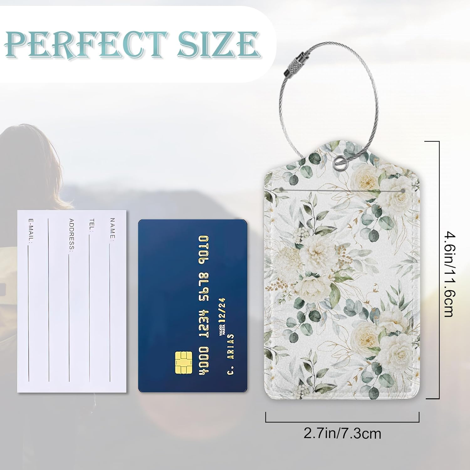 SKYDAWNY Flowers 2 Pack Leather Luggage Tags for Suitcase,Rose Peony Green Leaves Travel Cruise Baggage Tag for Women Men Luggages Bag with Privacy Cover Name ID Label Stainless Steel Loop image number 6