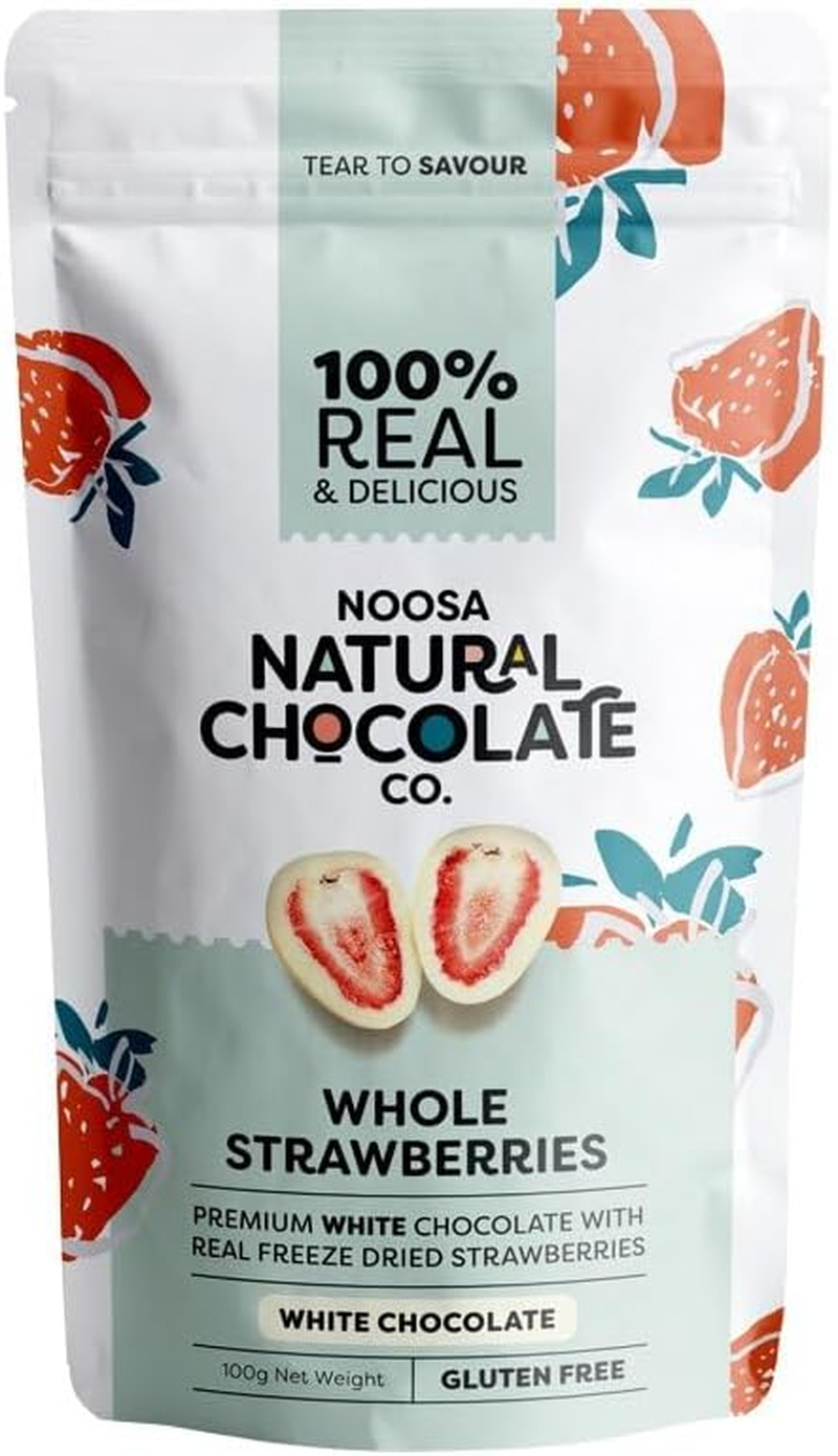 Noosa Natural Chocolate Co. Strawberries Coated in Premium White Chocolate 100 G