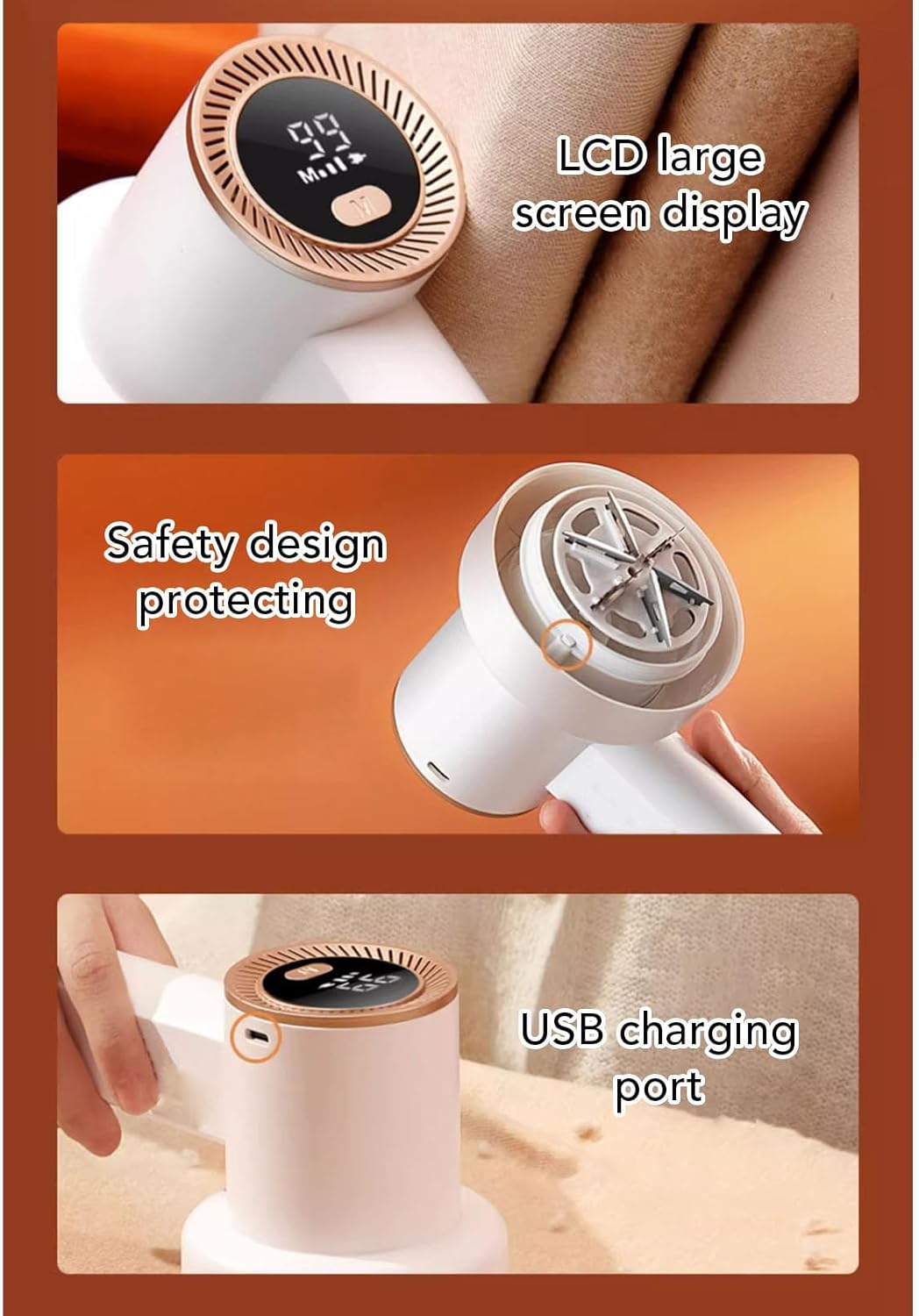 Electric Fabric Shaver & Lint Remover Rechargeable Fuzz Trimmer with 6 Leaf Blades LED Display Portable for Clothing Furniture Sweaters Couches image number 3