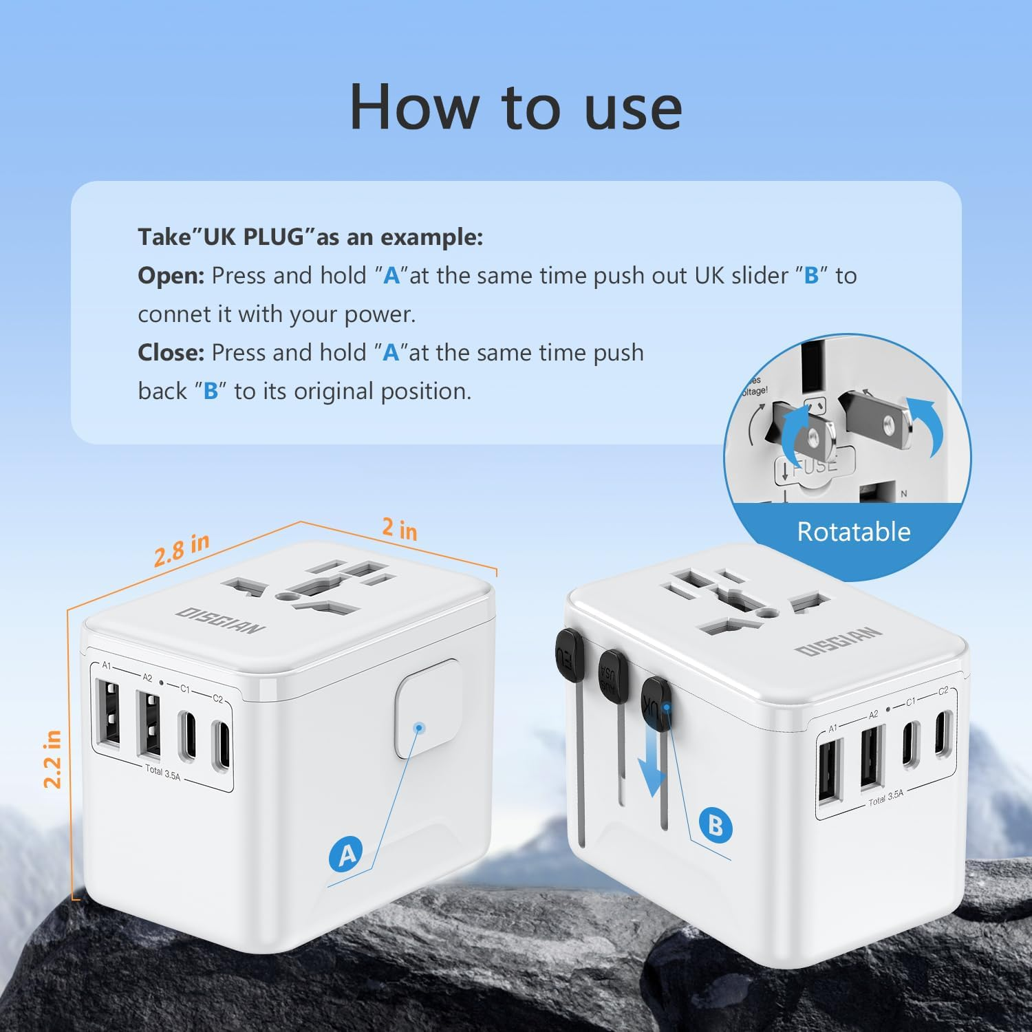 DISGIAN Travel Adapter,Universal Power Adaptor with Super Fast Charger 2 Port Type-C and 2 USB-A for Phone,Laptop,Tablet,Worldwide Travel Plug for Type A/C/G/I USA, Japan, UK, EU (White)