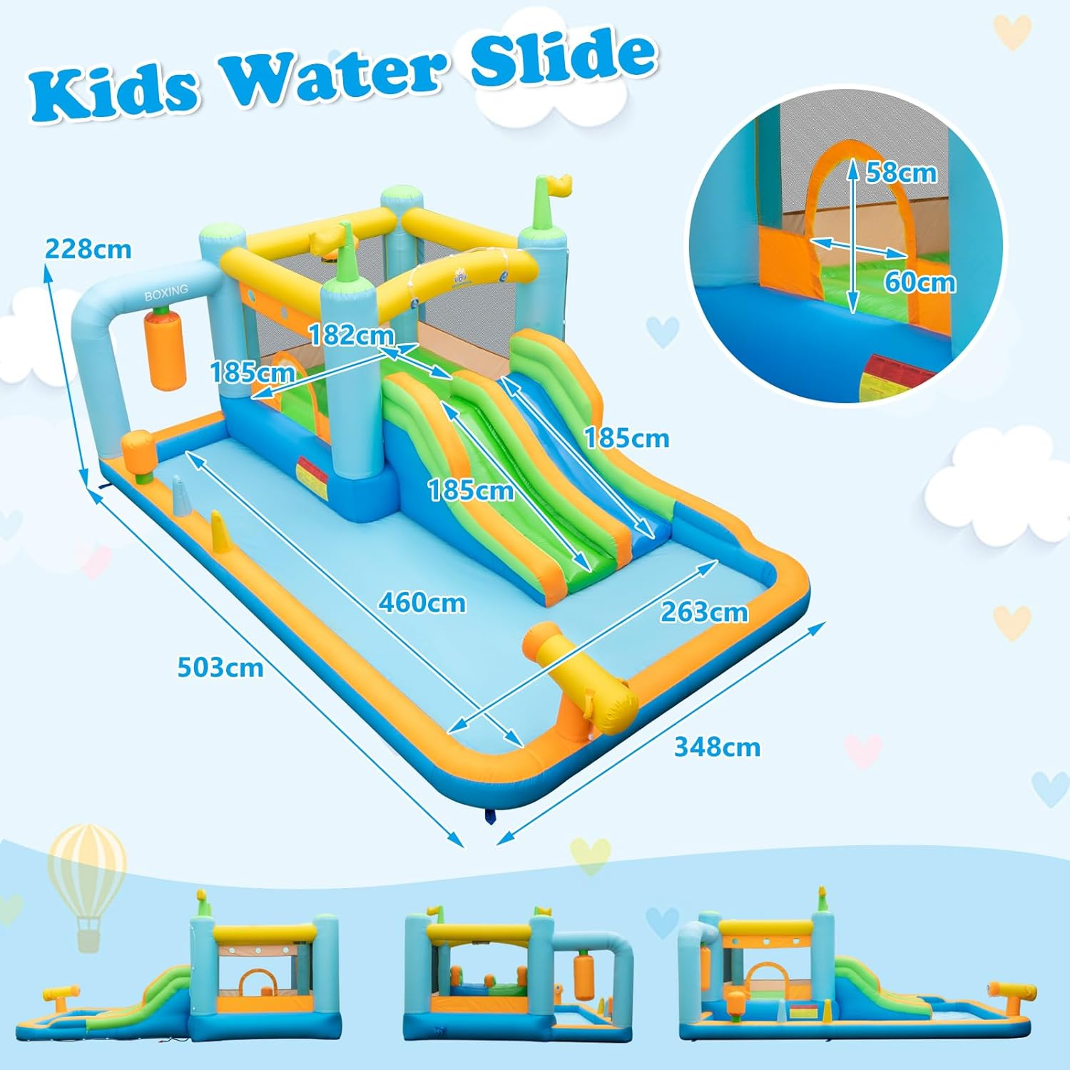 HONEY JOY Inflatable Water Slide, Kids Jumping Castle W/Dual Slides, Boxing Sandbag, Splash Pool, Water Cannon, Basketball Rim, Outdoor Blowup Water Park Bounce House for Children (With 680W Blower)