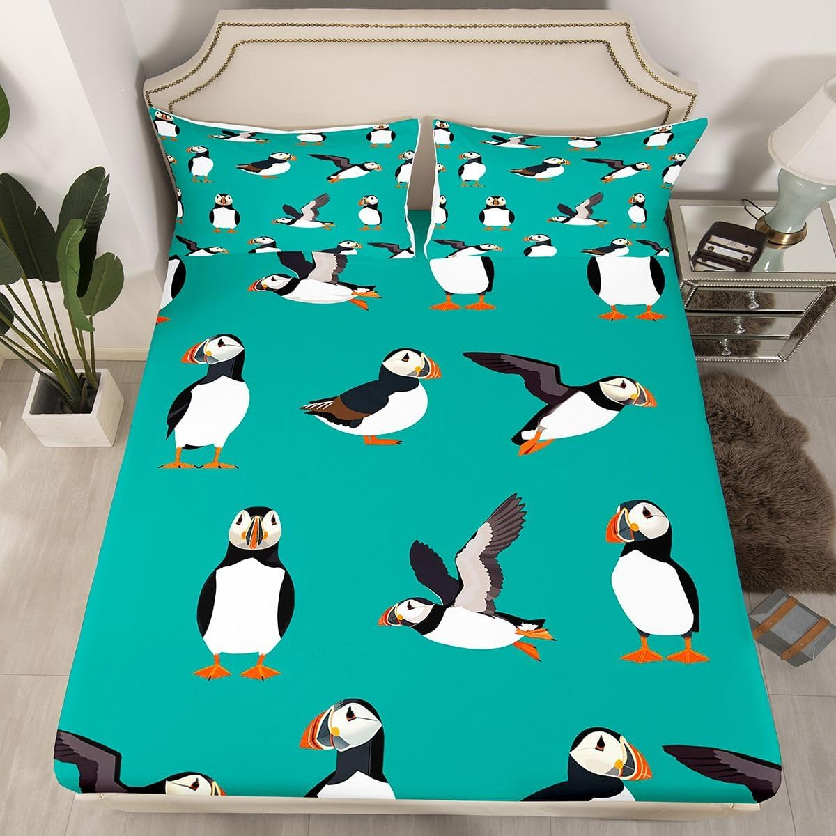 Puffin Bed Sheet Set Twin Size Puffin Bird Drawing Fitted Sheet for Kids Boys Girls Decor Cute Animal Theme Bedding Set Microfiber Polar Animal Bed Cover Bedroom