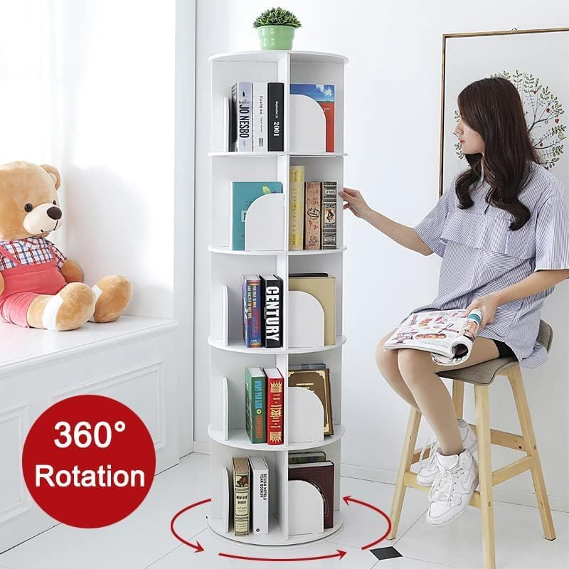 Lehom 5 Tier Rotating Bookshelf, 360&deg; round Spinning Bookcase, Floor Standing Revolving Book Shelf Tower, 160Cm Tall Circle Swivel Bookcase for Small Space, Bedroom, Study Room, White image number 1