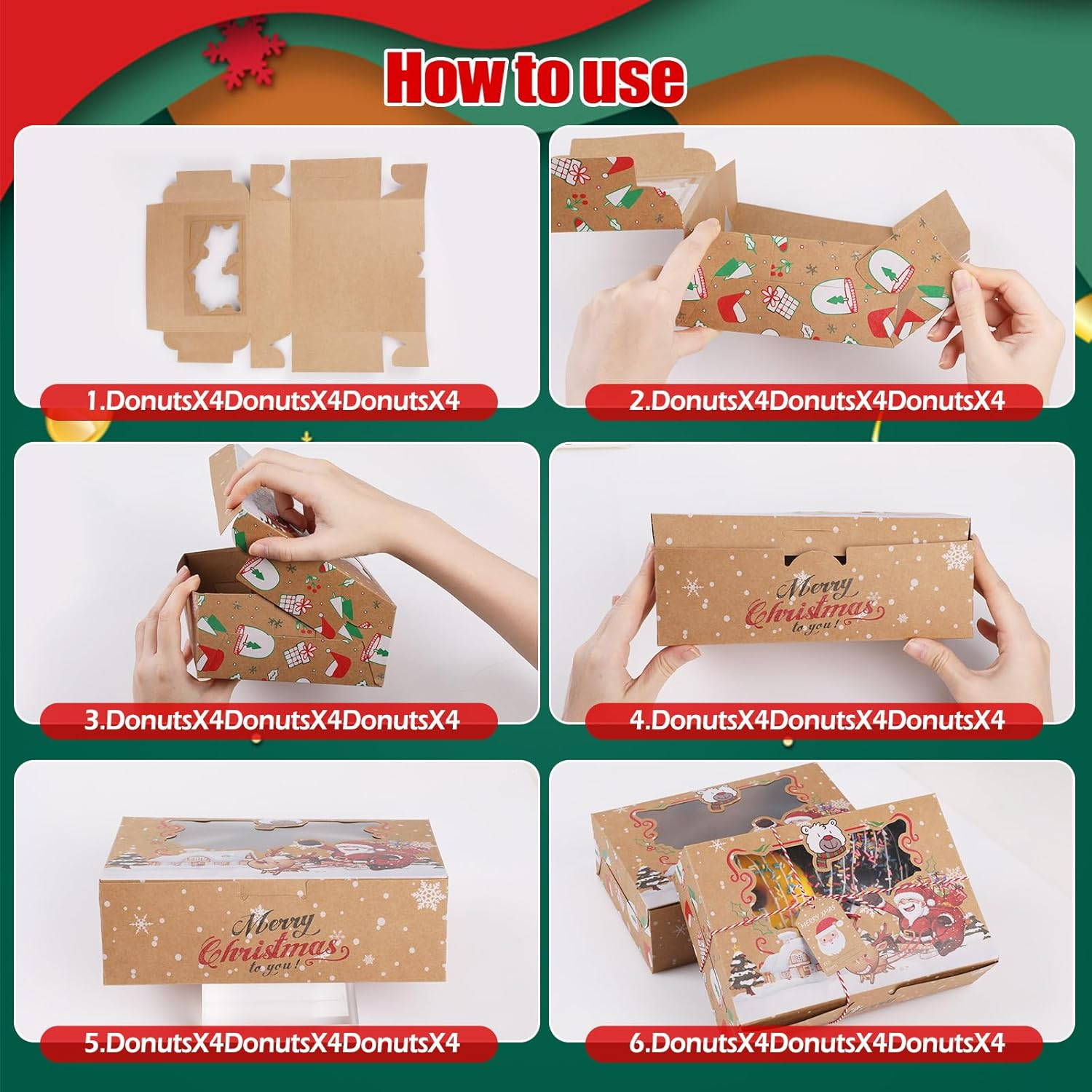 12Pcs Christmas Cookie Gift Box Treat Boxes, Large Rectangle Christmas Kraft Paper Food Container for Gift Wrapping Supplies, Cute Santa Small Christmas Box image number 3