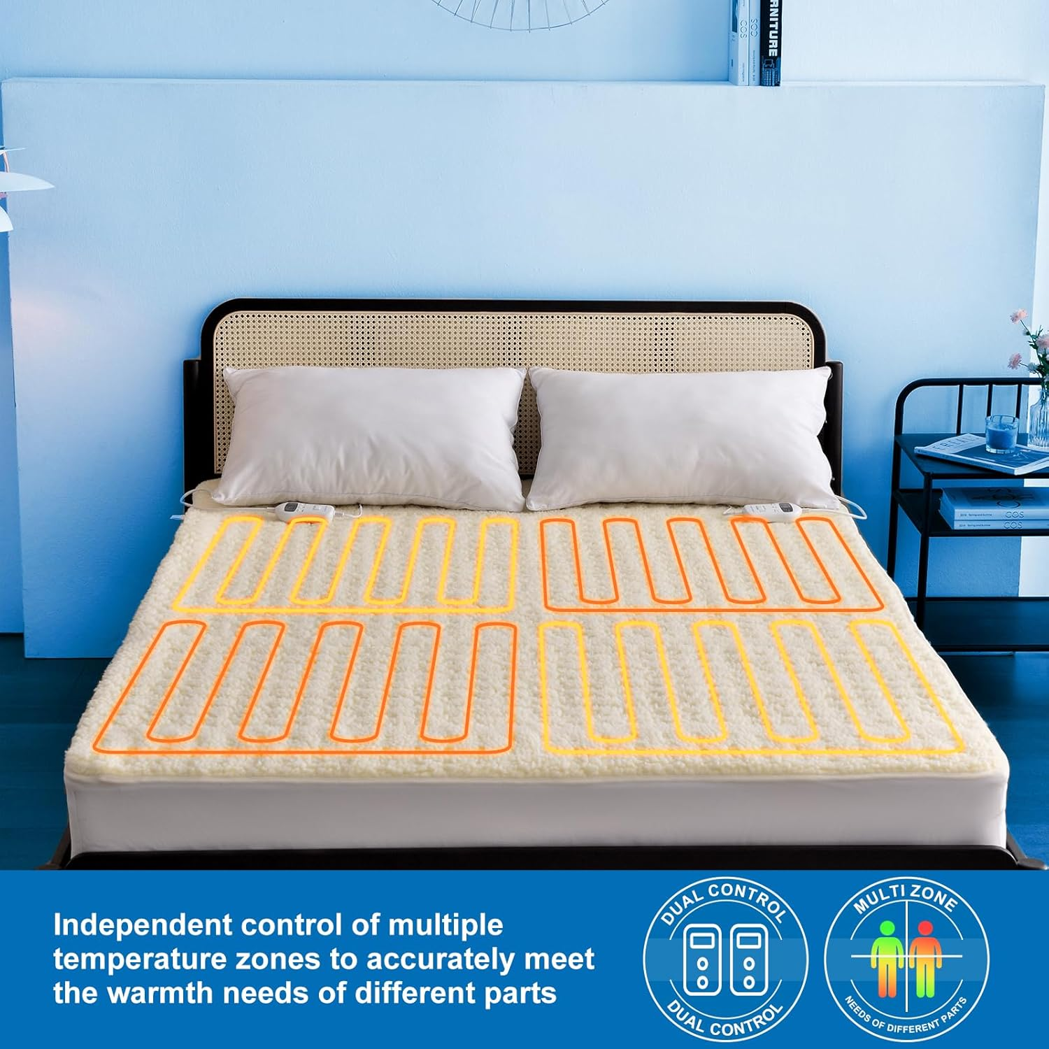 RHEIN HOME Heated Blanket King Size 203&times;182Cm Electric Blanket Fleece Top Multizone Dual Control Fitted Heated Underblanket with Timer Machine Washable Bed Warmer with Gift Bag image number 4