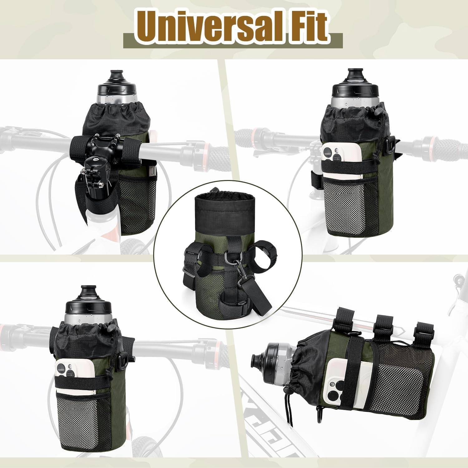 WOTOW Bike Handlebar Bottle Bag - Bicycle Insulated Stem Drink Cup Holder Water Bottle Bag Waterproof Pouch with Adjustable Shoulder Straps Mesh Pockets for All Bikes Daily Use Touring Commuting image number 3